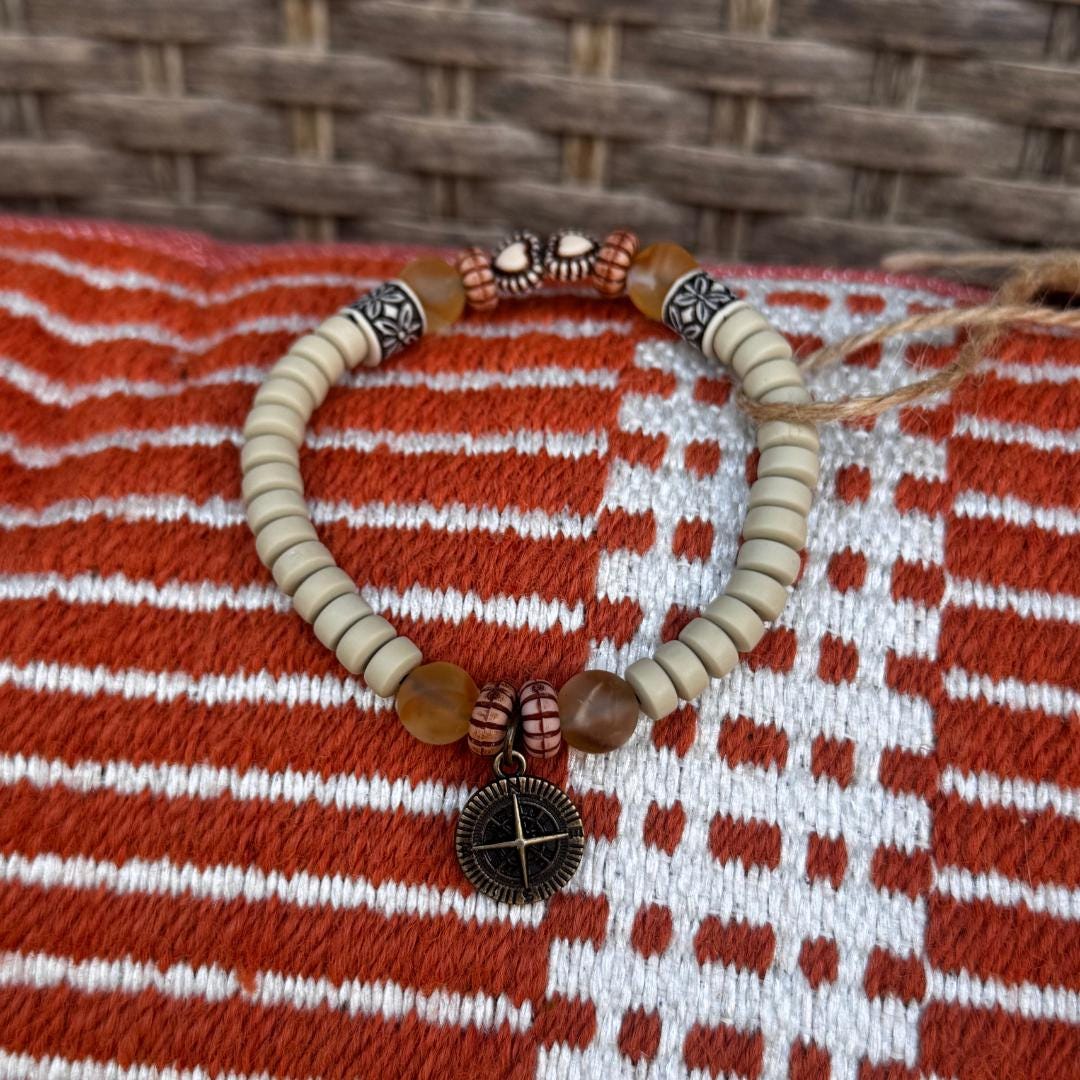 Citrine Gemstone Beaded Bracelet with Compass Charm