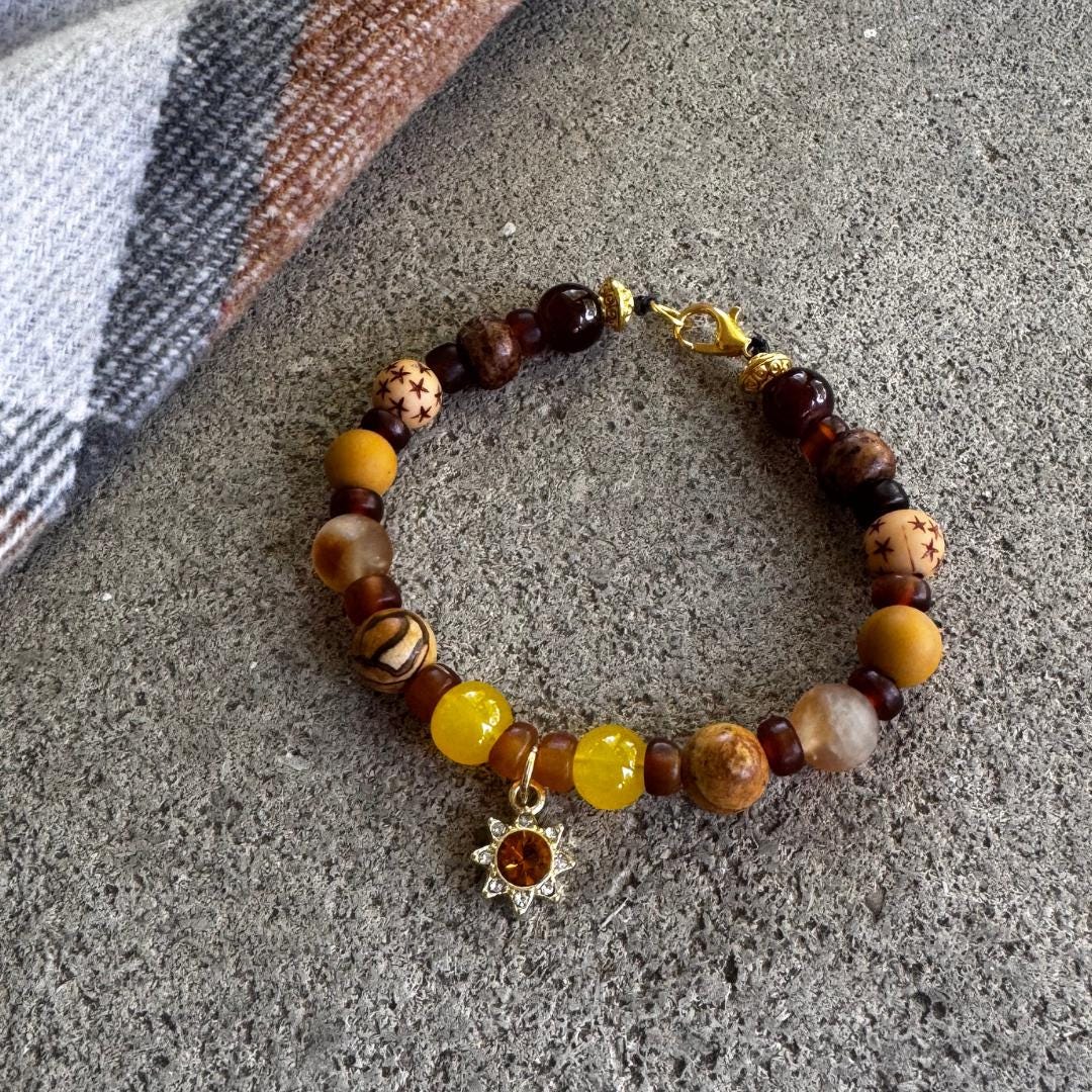 Citrine, Picture Jasper & Australian Mookaite Beaded Gemstone Bracelet with Sun Charm