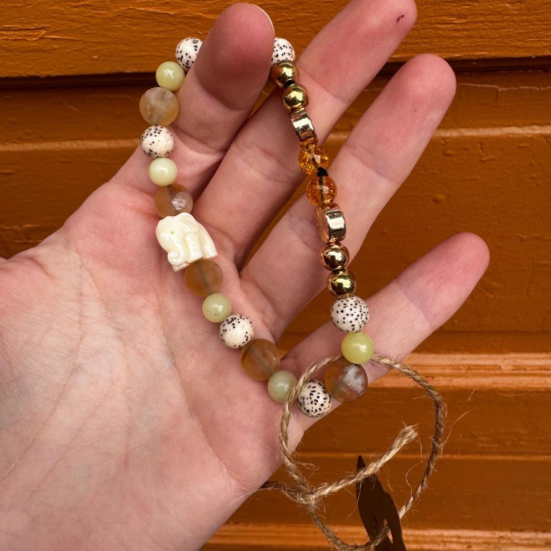 Citrine & Olive Jade Beaded Bracelet with Elephant Charm