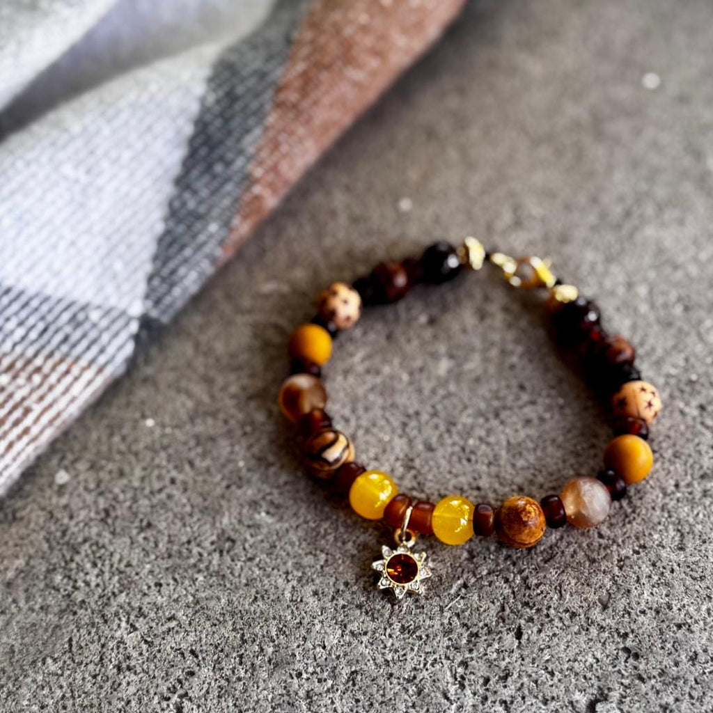 Citrine, Picture Jasper & Australian Mookaite Beaded Gemstone Bracelet with Sun Charm