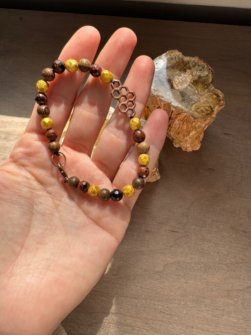 Jasper Beaded Gemstone Bracelet with Honeycomb Charm