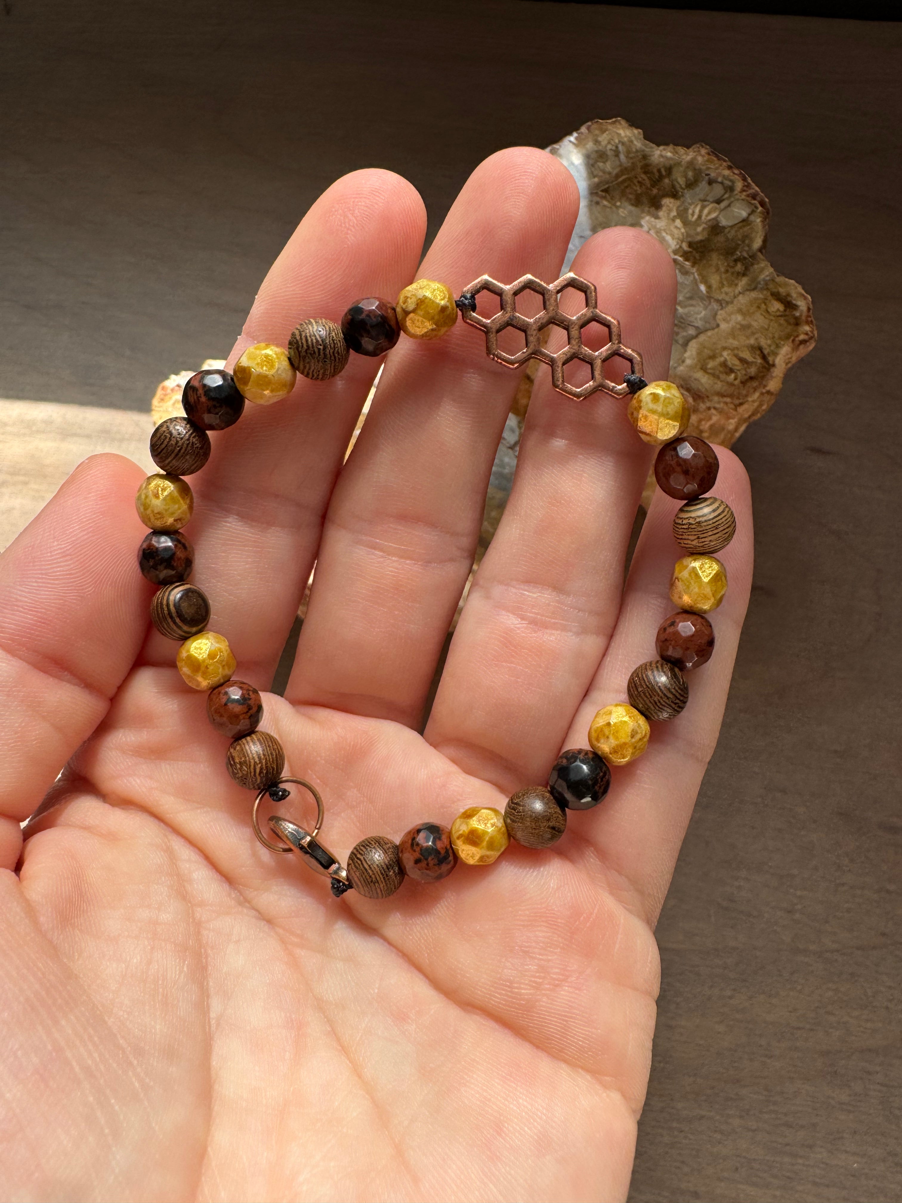 Jasper Beaded Gemstone Bracelet with Honeycomb Charm