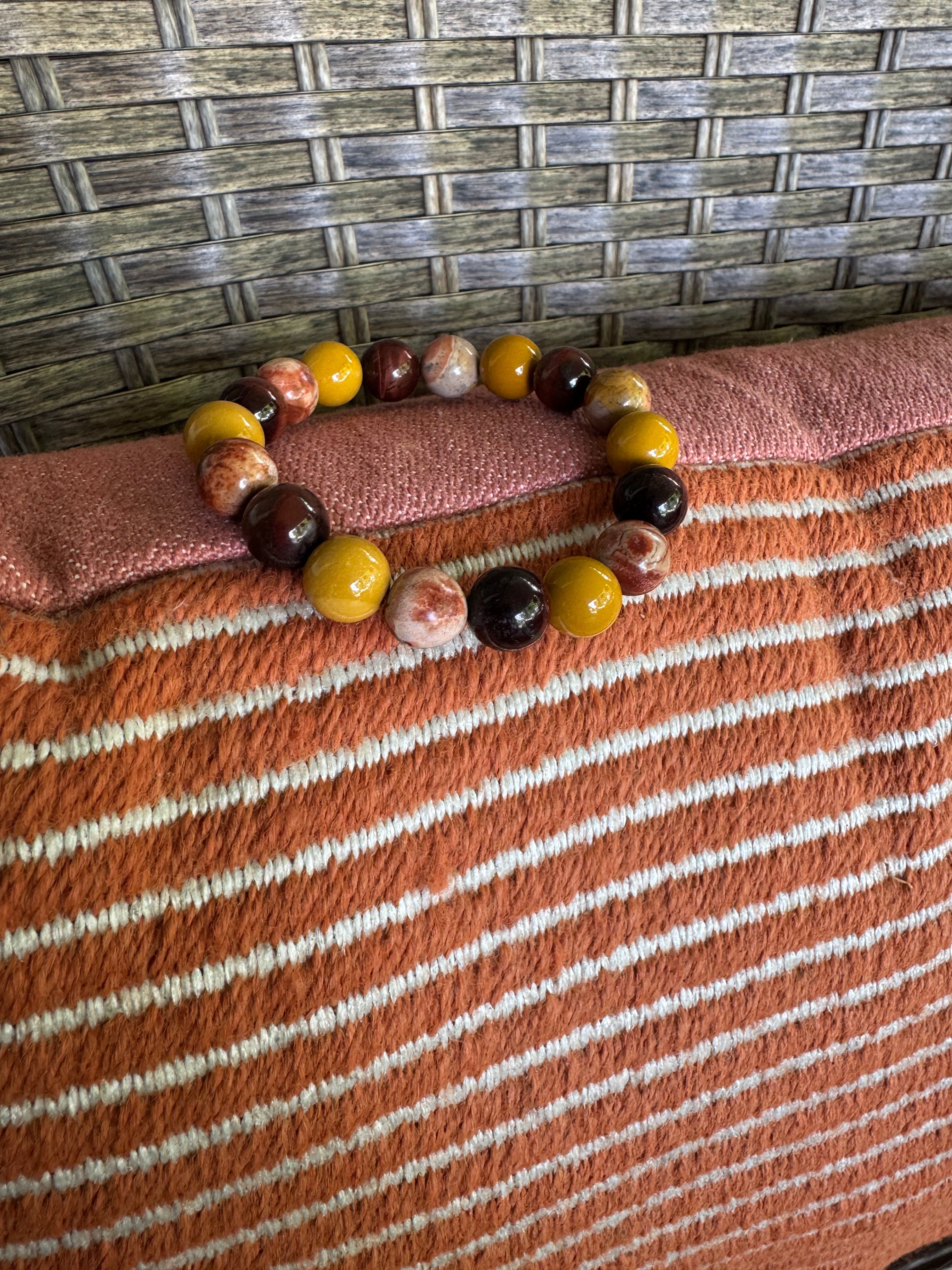 Red Tiger's Eye, Australian Mookaite & Rhyolite 10mm Chunky Beaded Bracelet