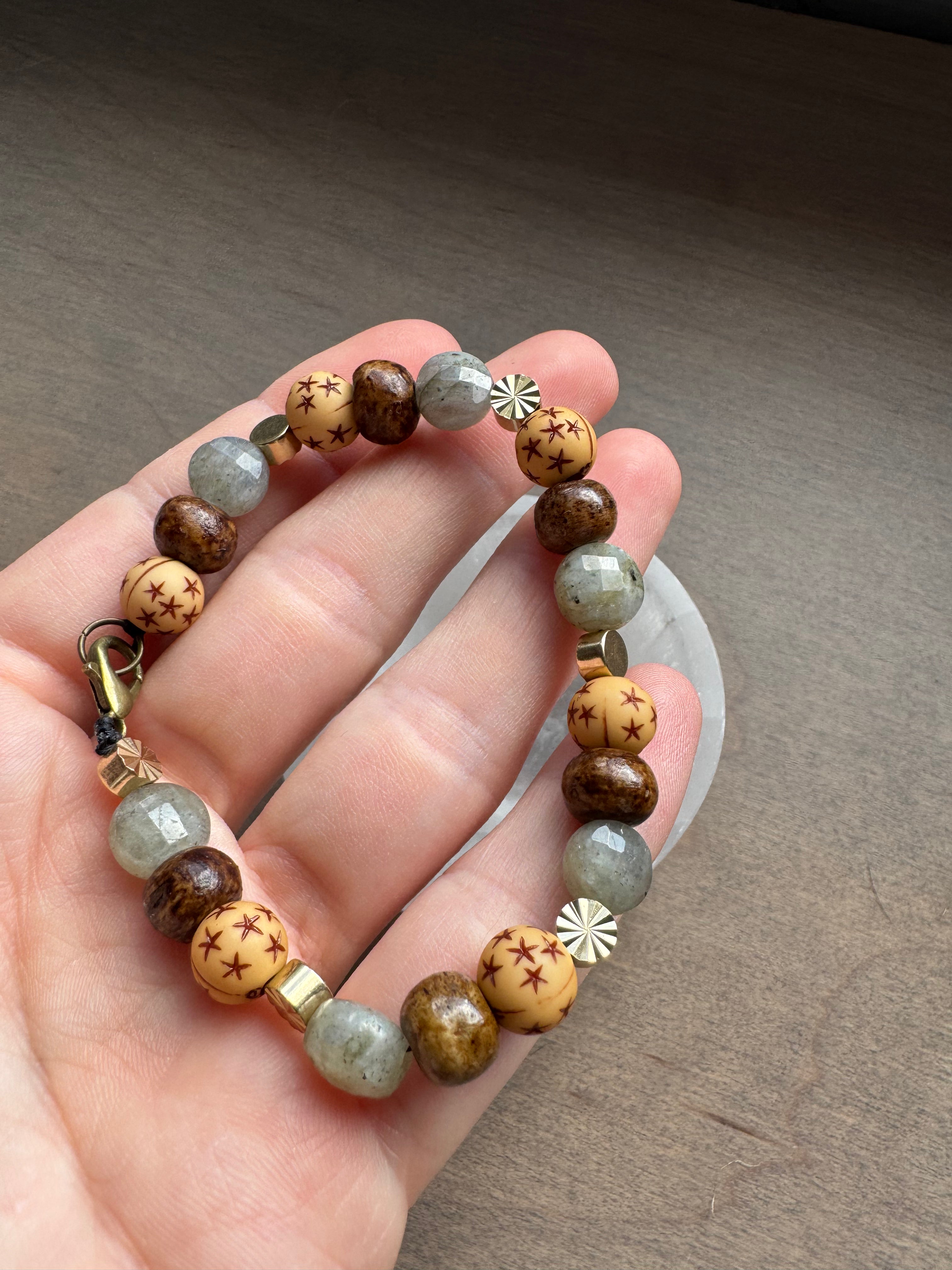 Labradorite + Bone Beaded Gemstone Bracelet