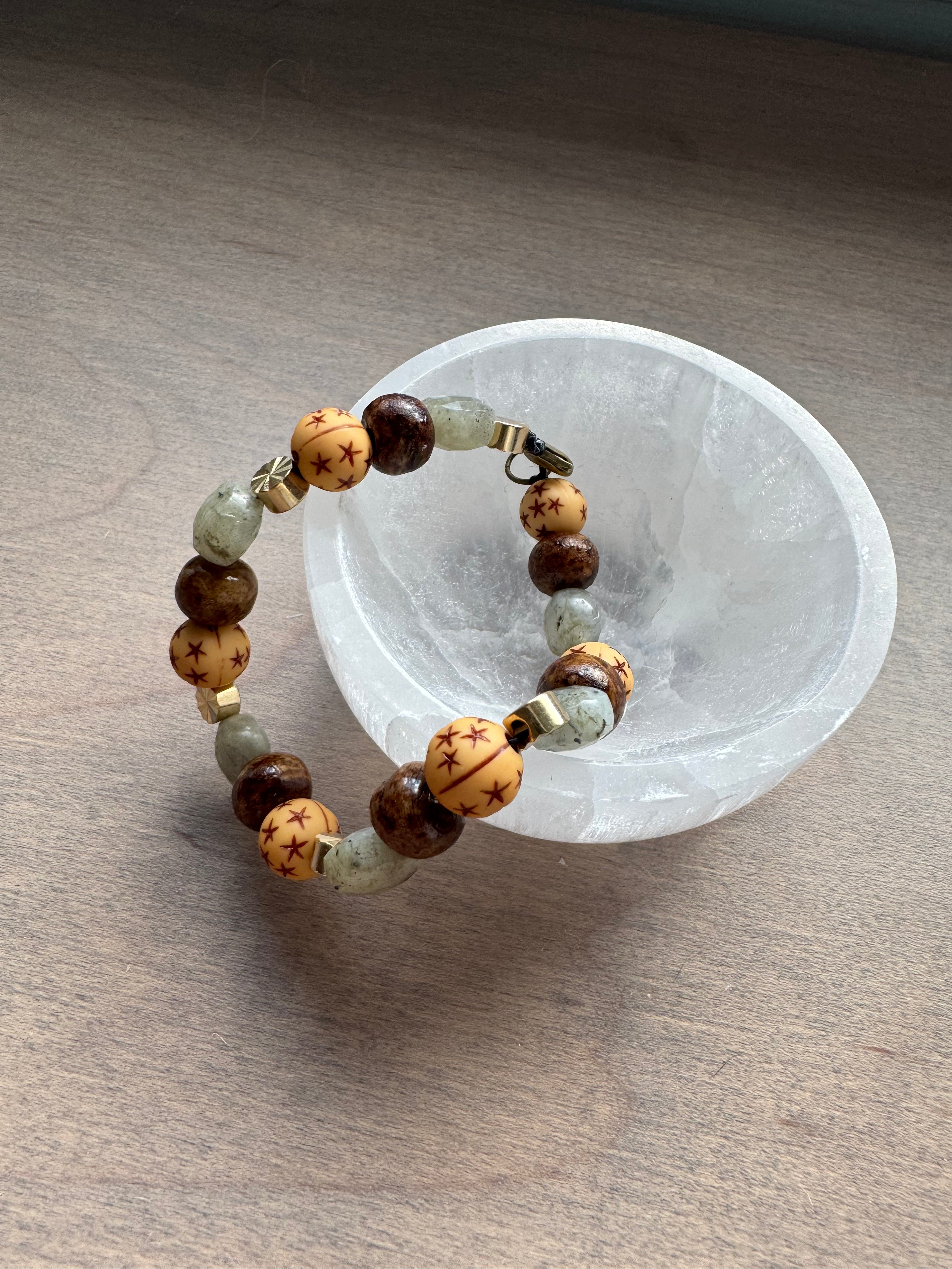 Labradorite + Bone Beaded Gemstone Bracelet