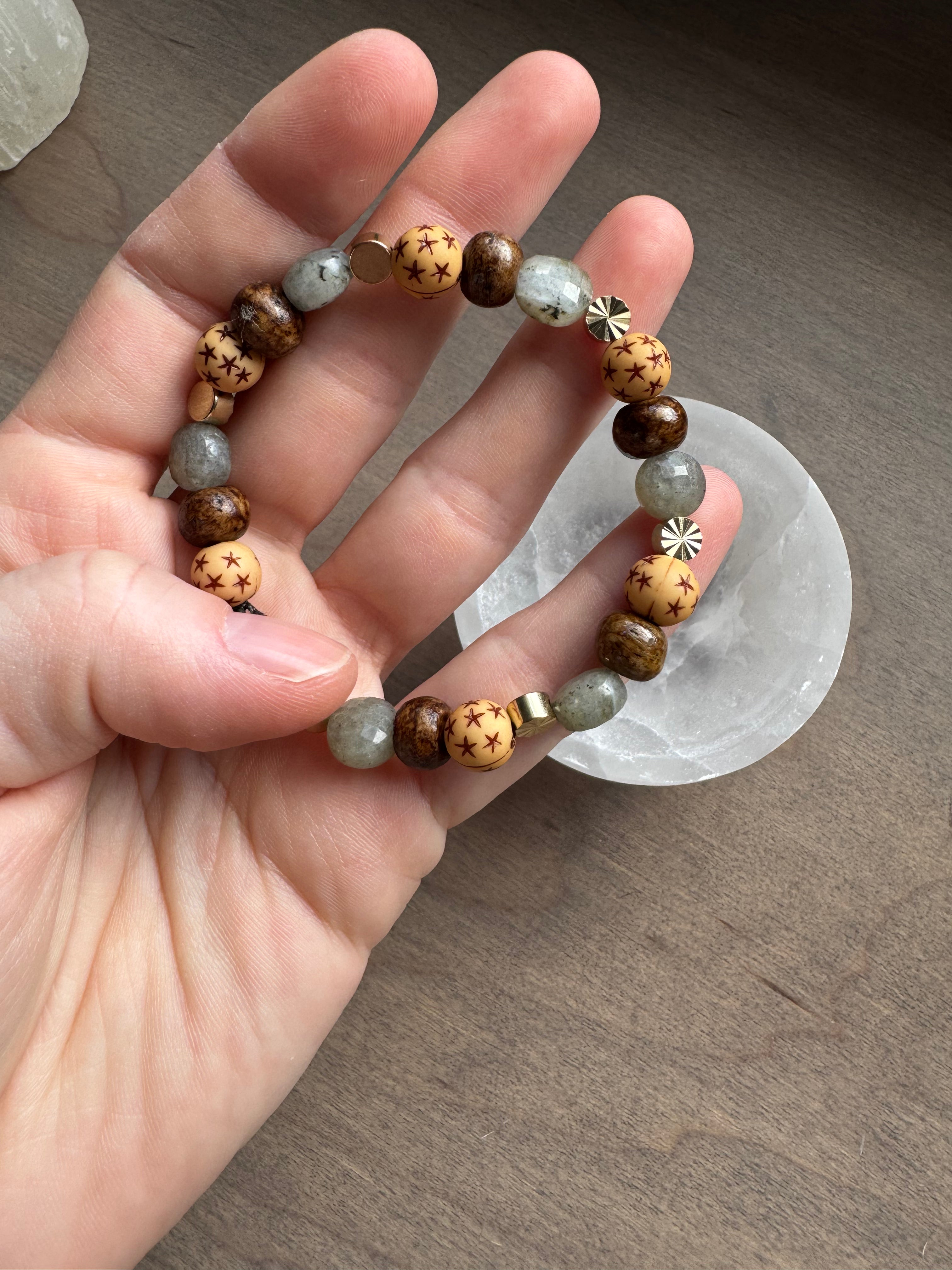Labradorite + Bone Beaded Gemstone Bracelet