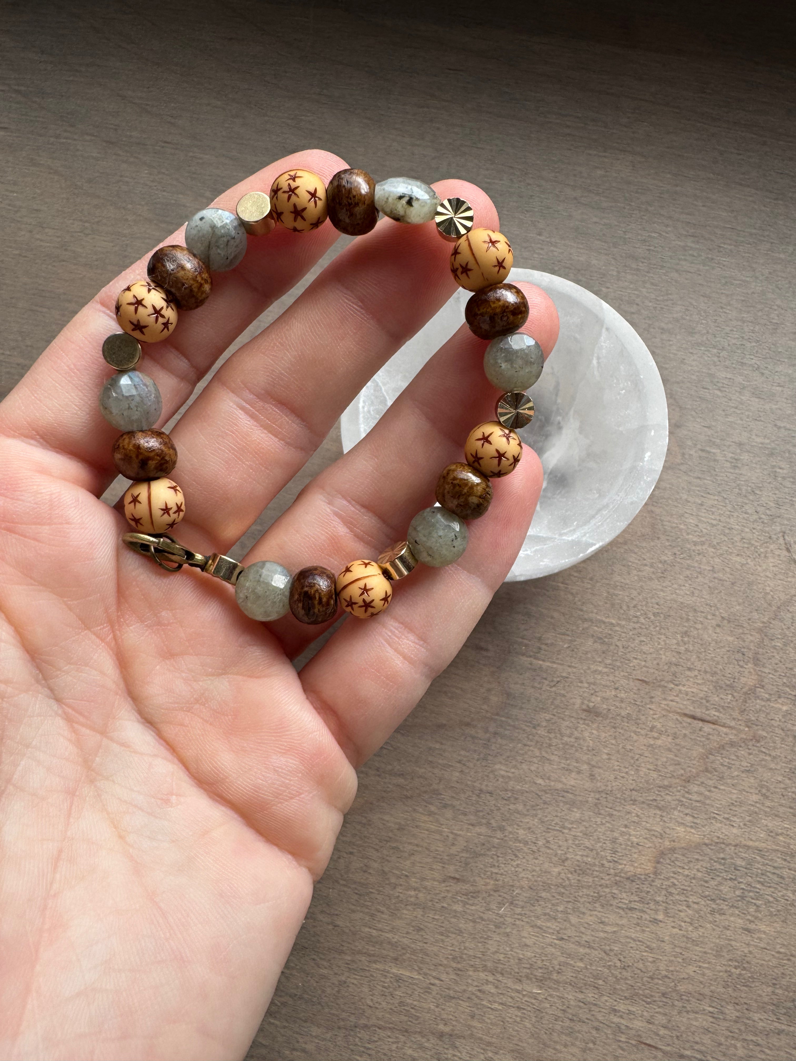 Labradorite + Bone Beaded Gemstone Bracelet