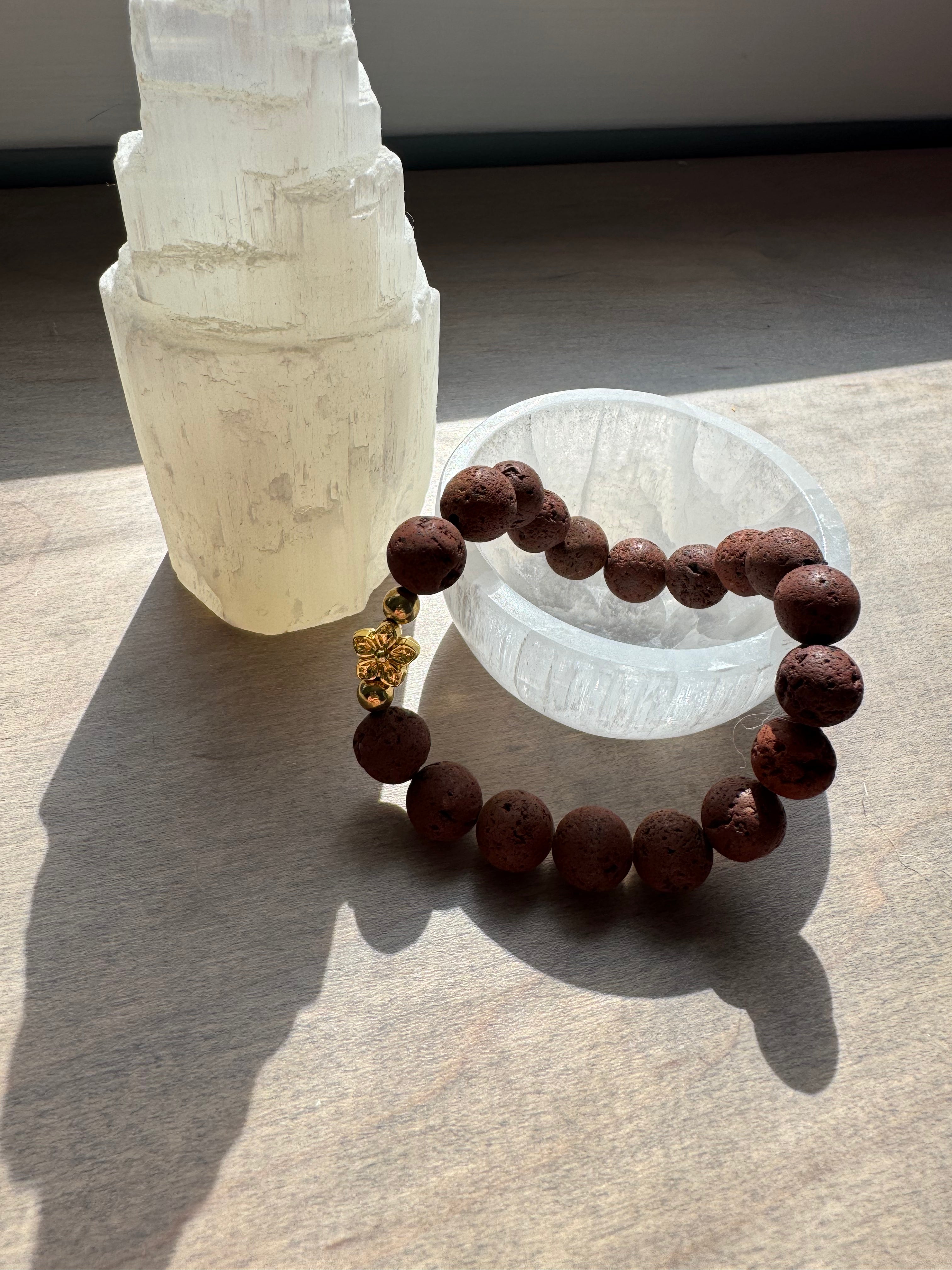 Lava Stone Beaded Bracelet with Flower Charm