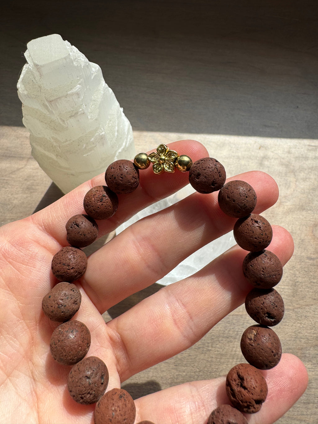 Lava Stone Beaded Bracelet with Flower Charm