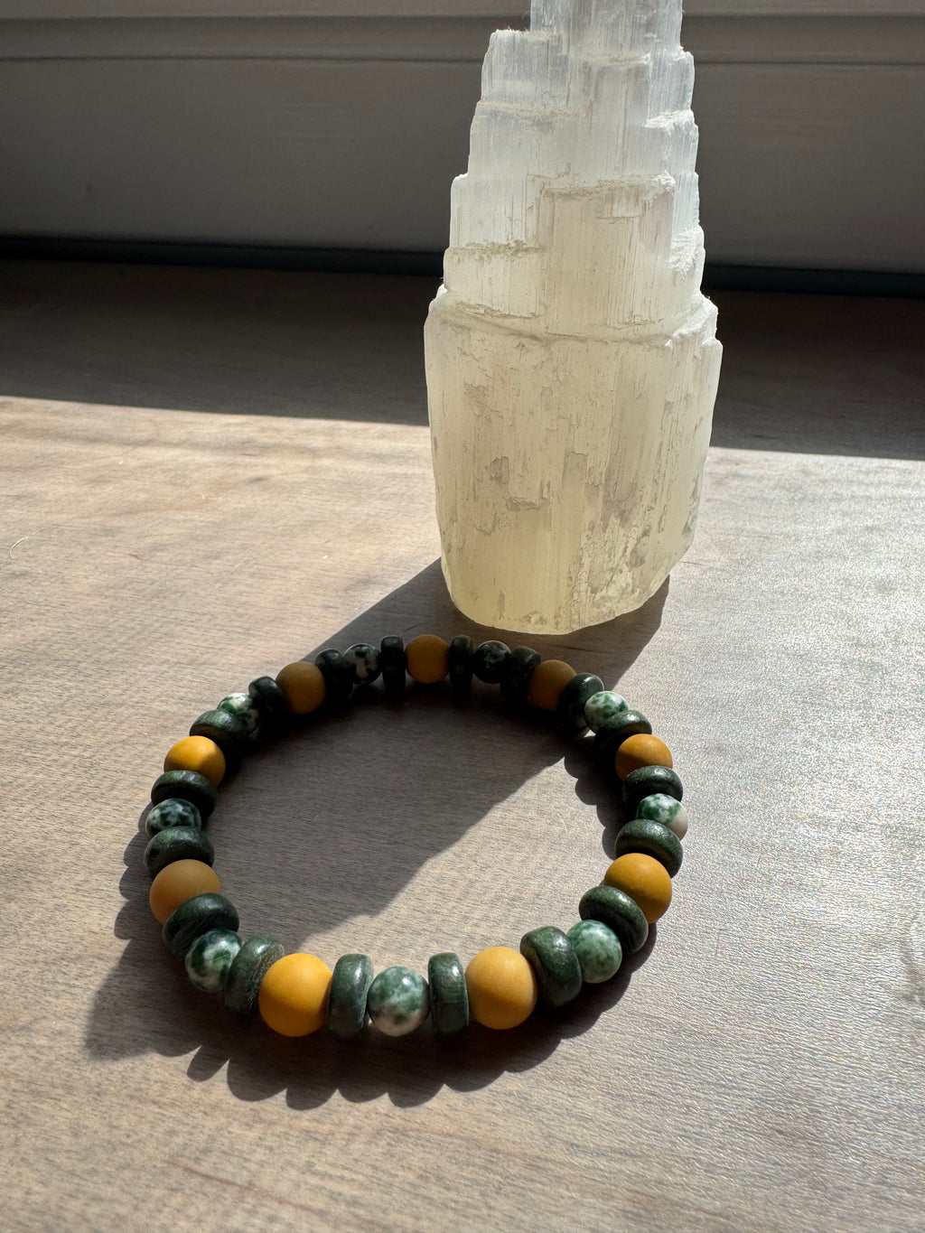 Green Tree Agate & Australian Yellow Mookaite Gemstone Beaded Bracelet
