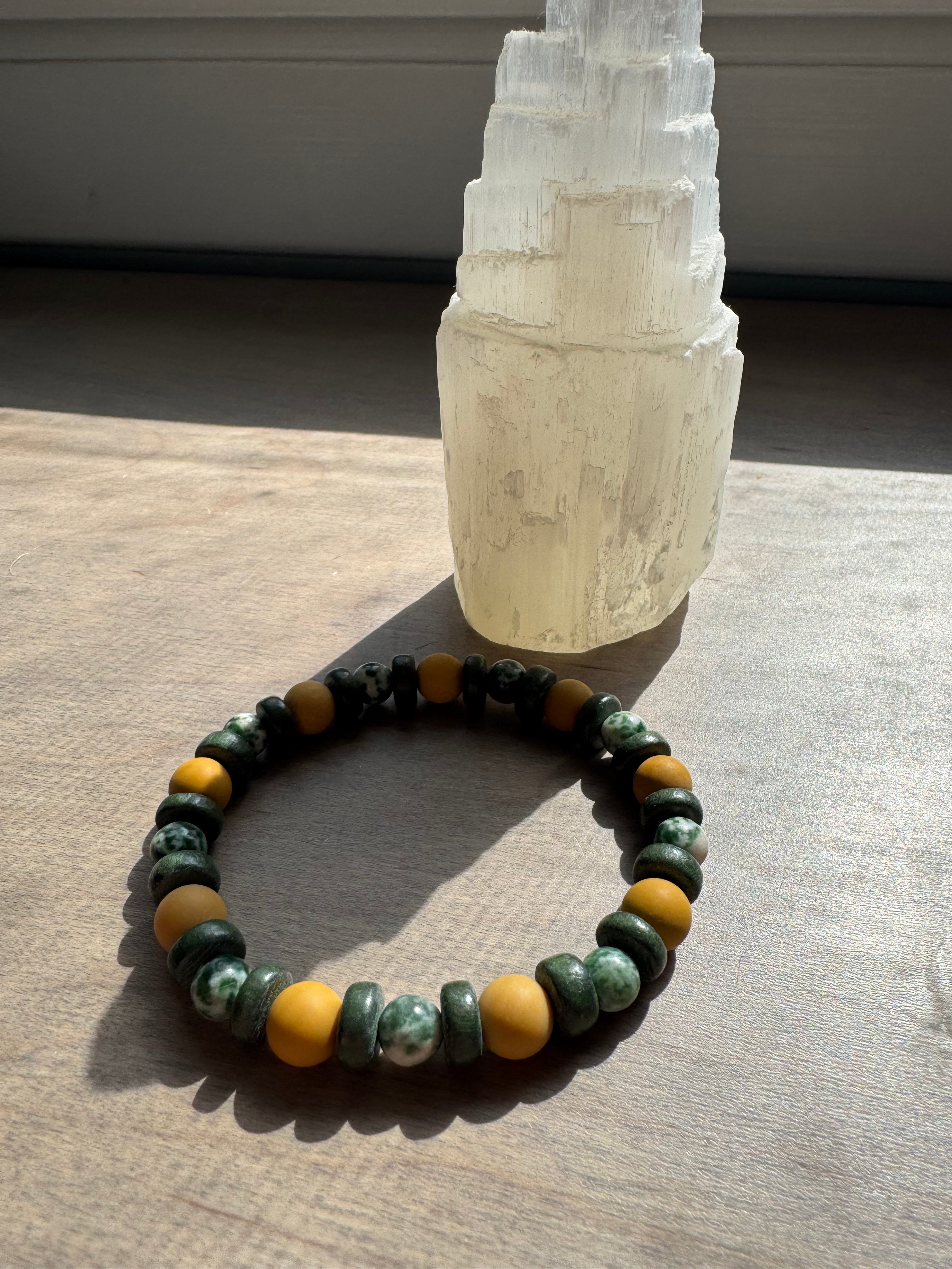 Green Tree Agate & Australian Yellow Mookaite Gemstone Beaded Bracelet