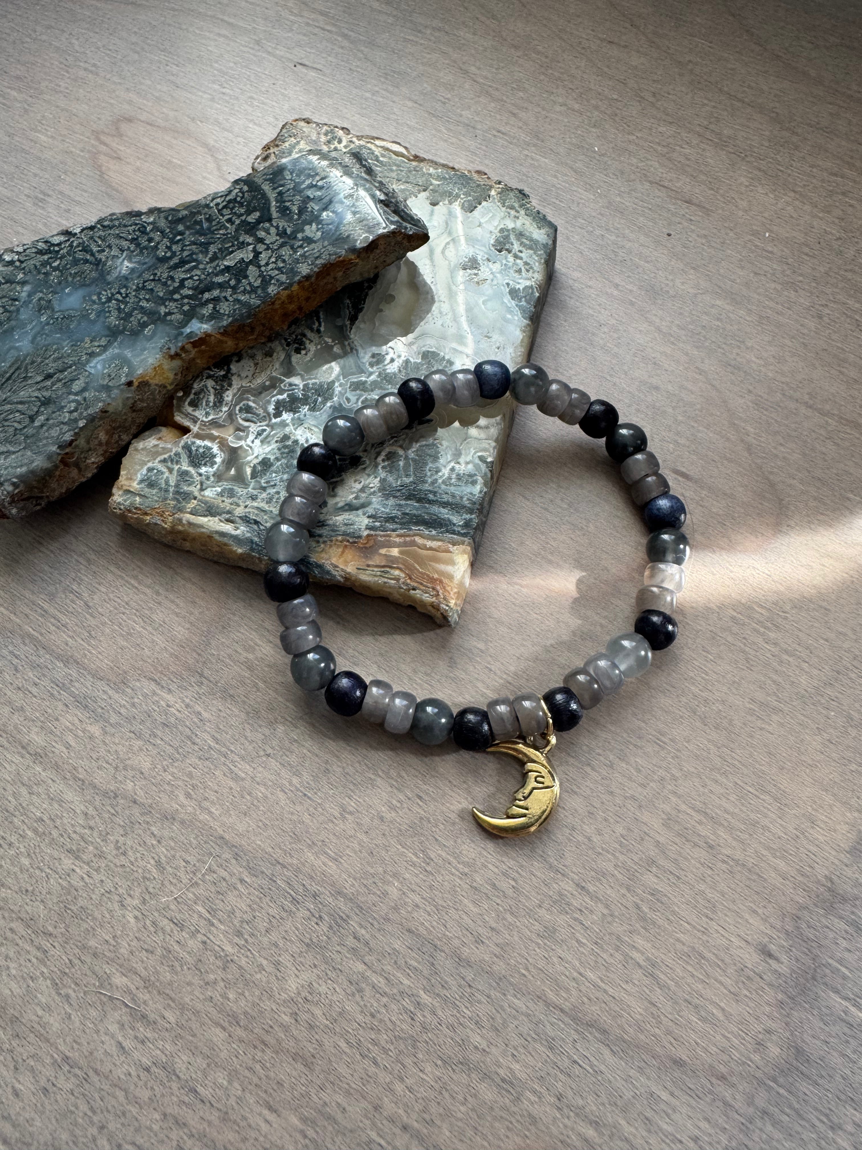 Cloudy Quartz Beaded Gemstone Bracelet with Moon Charm
