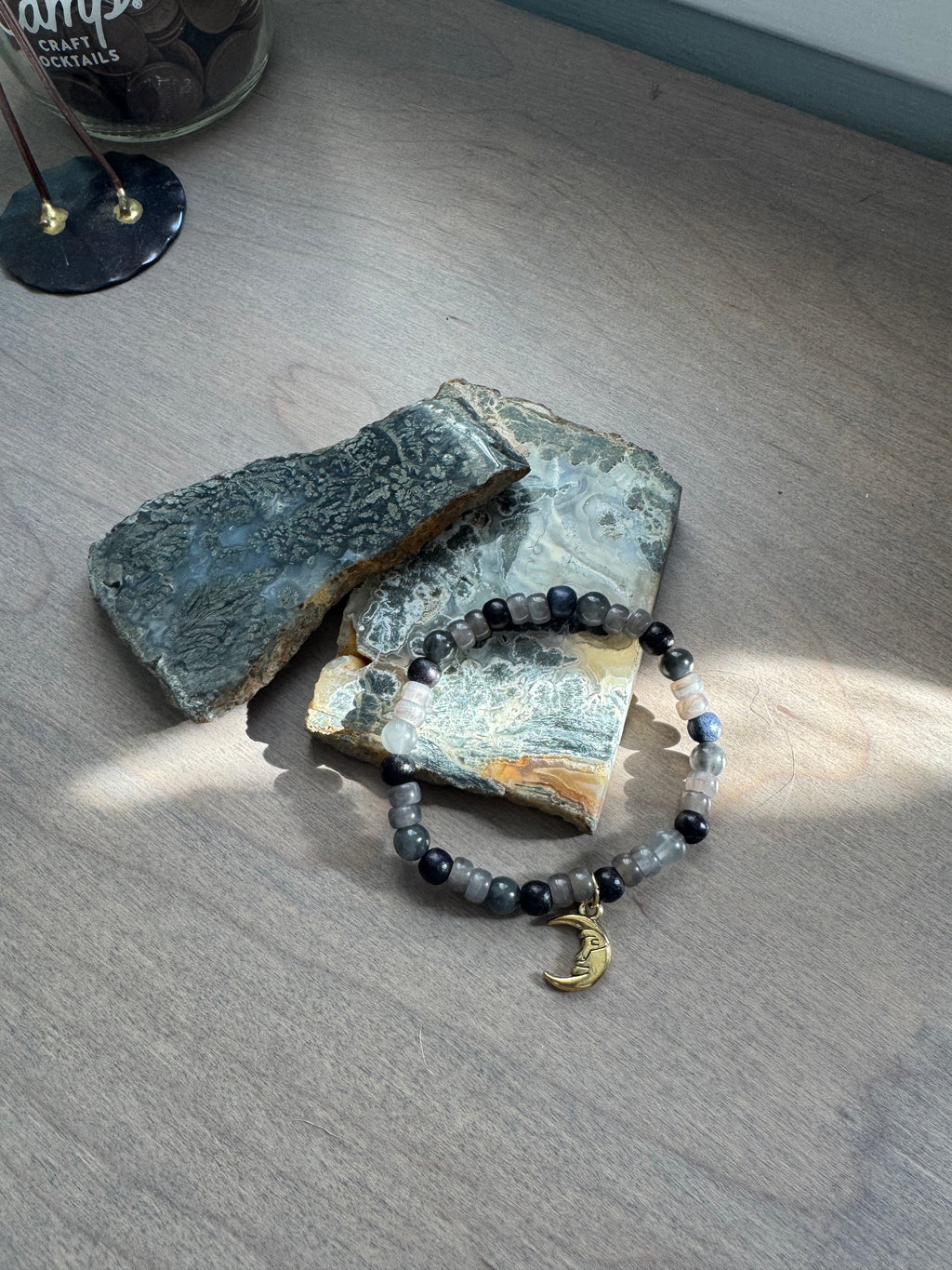 Cloudy Quartz Beaded Gemstone Bracelet with Moon Charm