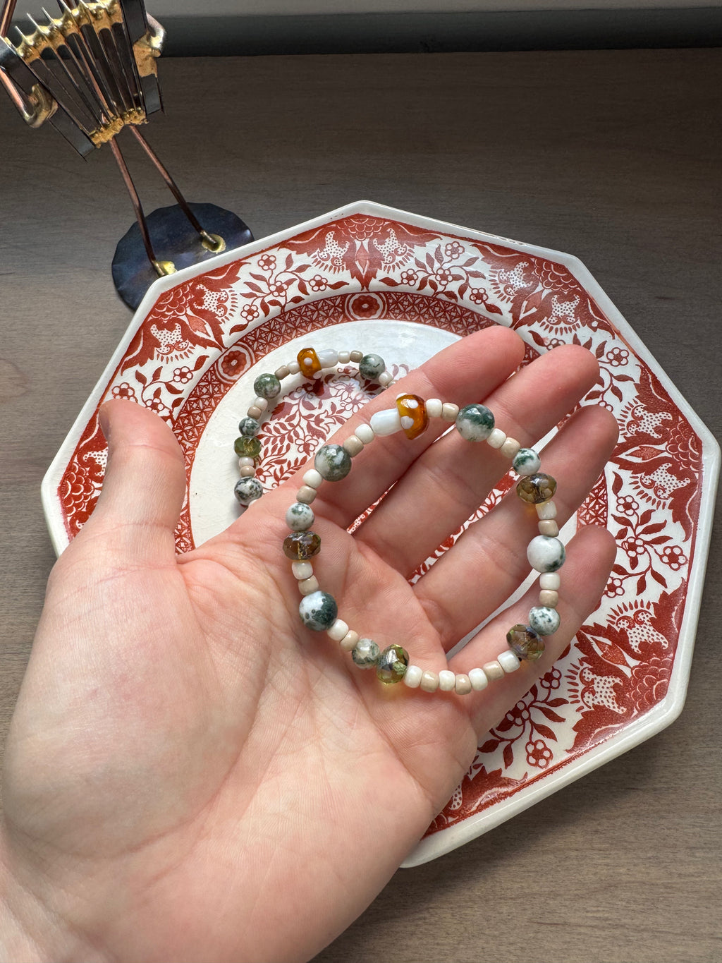 Mushroom Charm Tree Agate Beaded Gemstone Bracelet | 6.75 in.