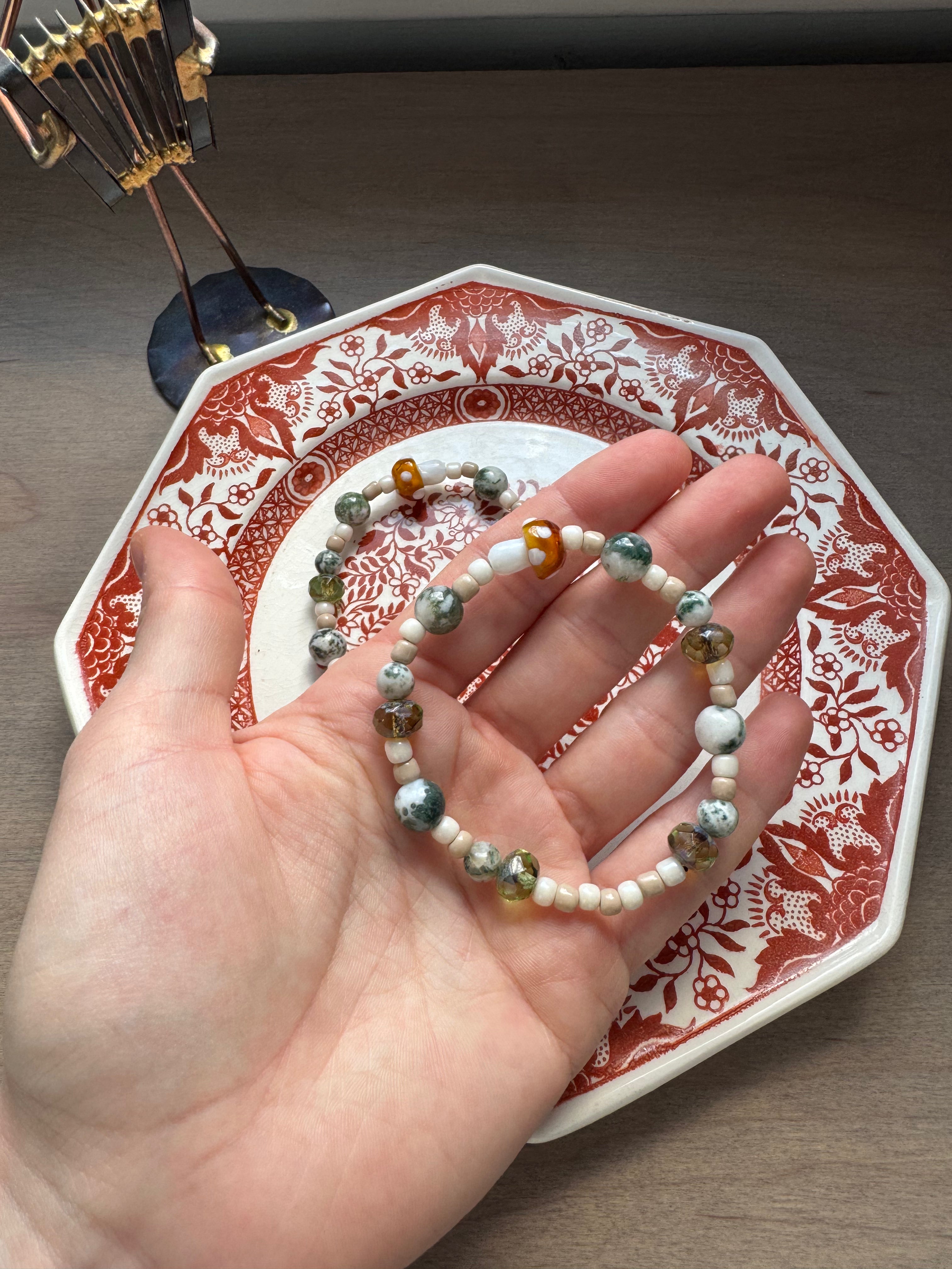 Mushroom Charm Tree Agate Beaded Gemstone Bracelet | 6.75 in.