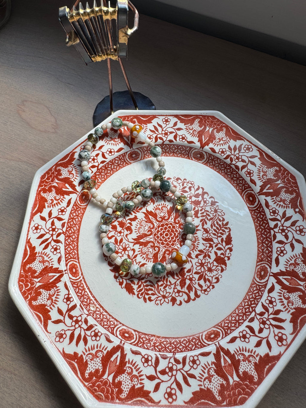 Mushroom Charm Tree Agate Beaded Gemstone Bracelet | 6.75 in.
