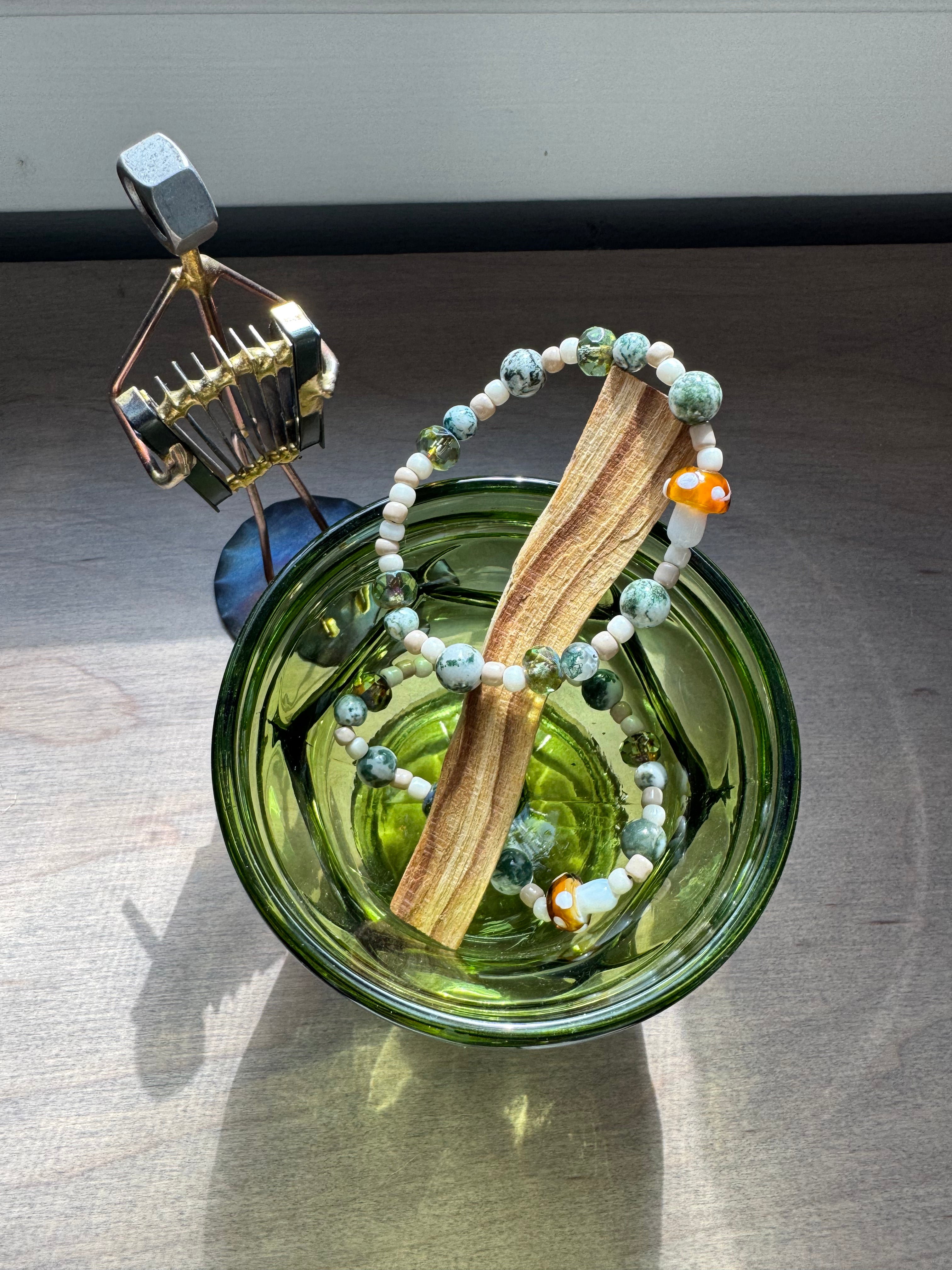 Mushroom Charm Tree Agate Beaded Gemstone Bracelet | 6.75 in.