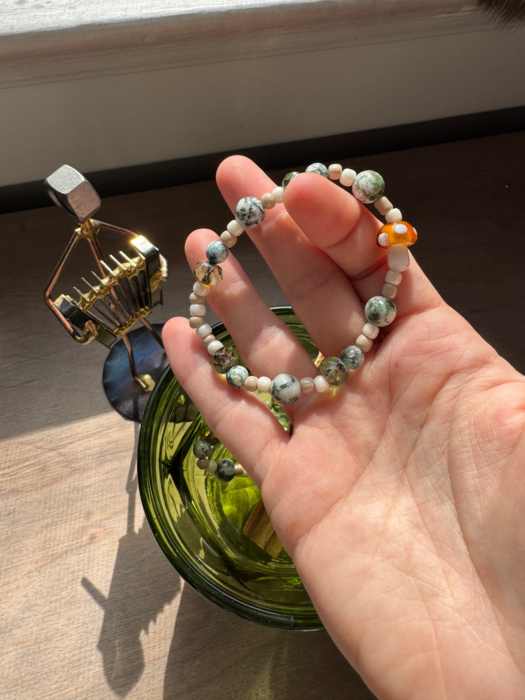 Mushroom Charm Tree Agate Beaded Gemstone Bracelet | 6.75 in.