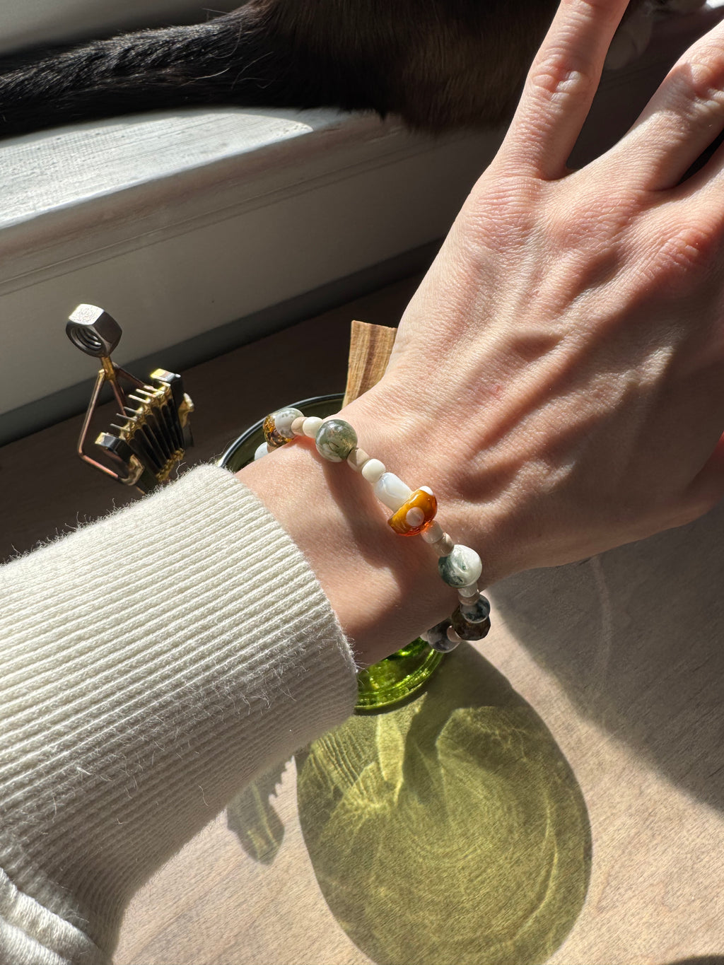 Mushroom Charm Tree Agate Beaded Gemstone Bracelet | 6.75 in.
