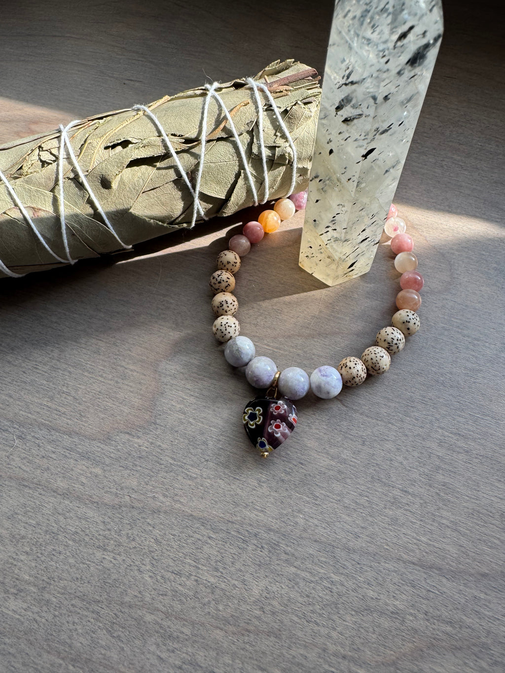 Purple Tiffany Jasper Beaded Gemstone Bracelet w/ Heart Charm