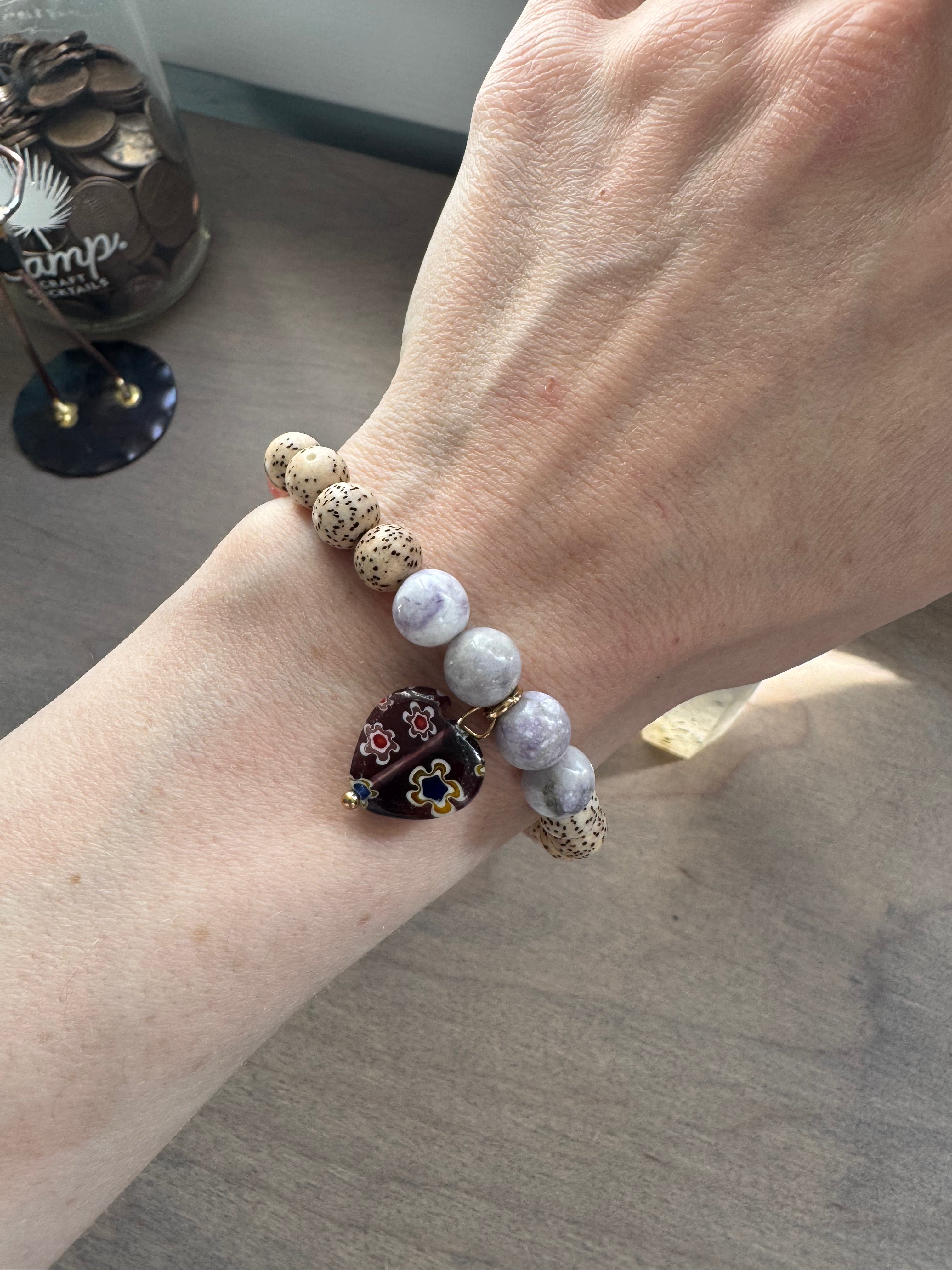 Purple Tiffany Jasper Beaded Gemstone Bracelet w/ Heart Charm