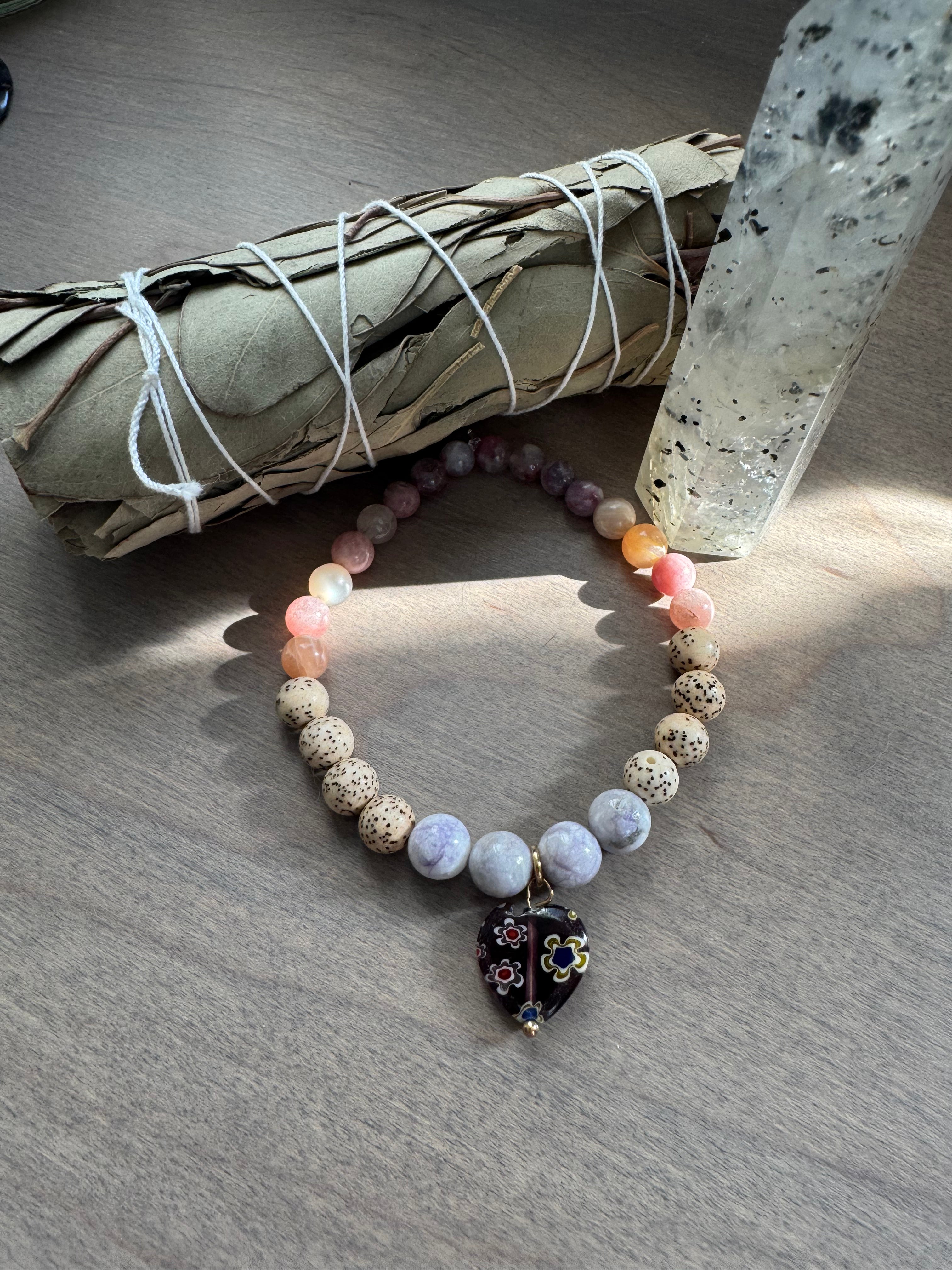 Purple Tiffany Jasper Beaded Gemstone Bracelet w/ Heart Charm