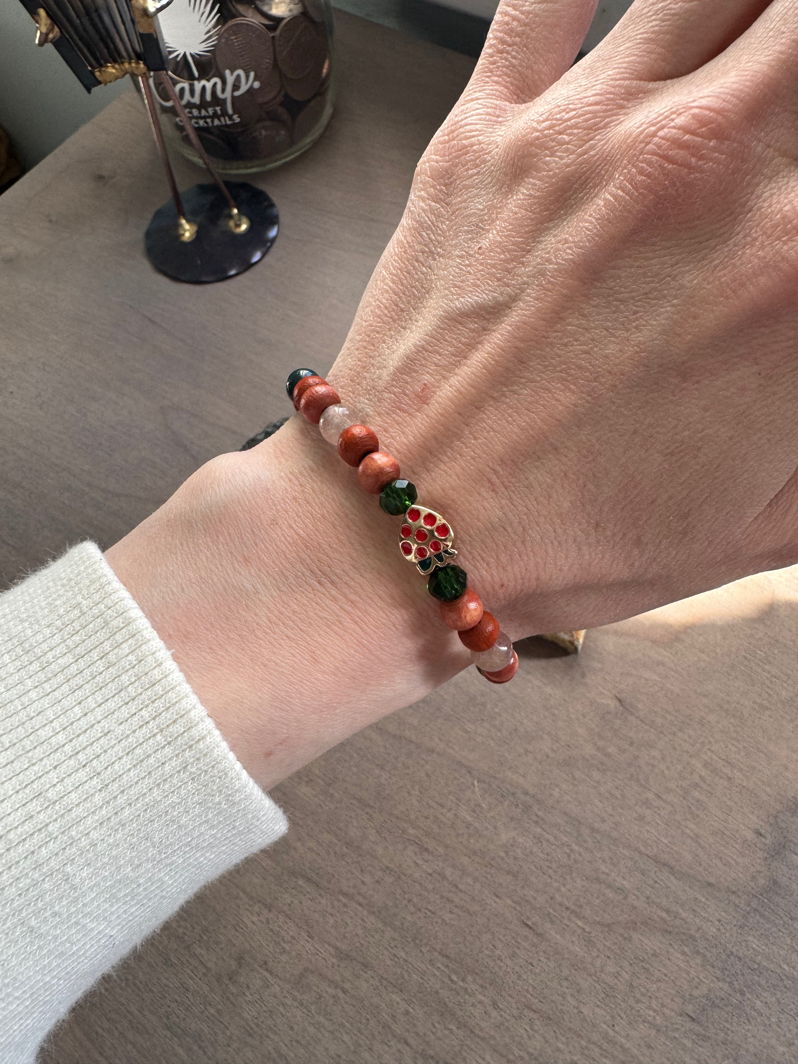 Strawberry Quartz Beaded Gemstone Bracelet w/ Strawberry Charm