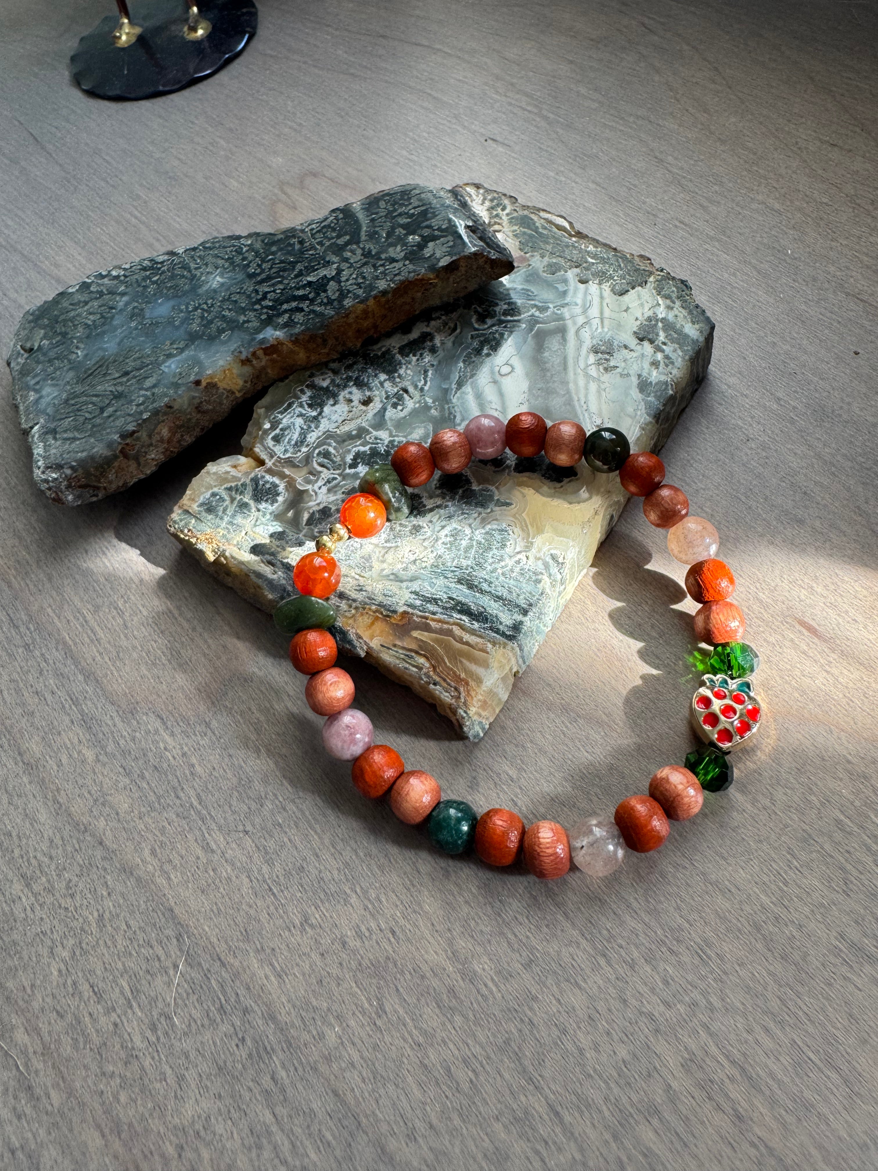 Strawberry Quartz Beaded Gemstone Bracelet w/ Strawberry Charm