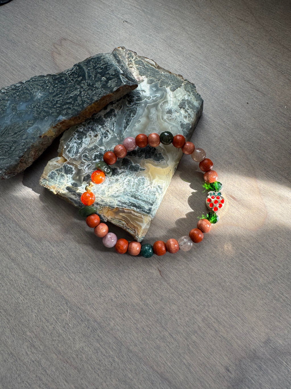 Strawberry Quartz Beaded Gemstone Bracelet w/ Strawberry Charm
