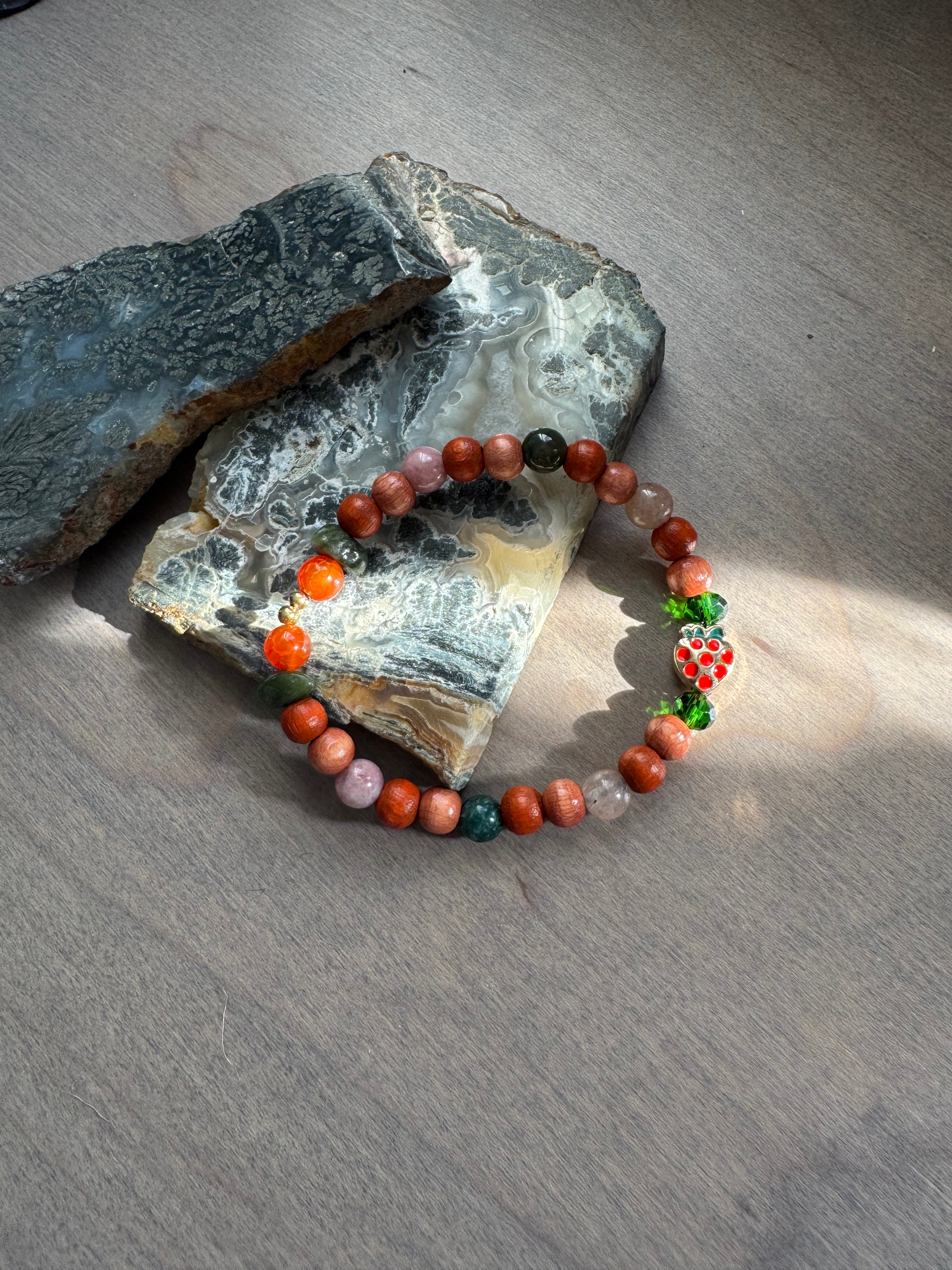 Strawberry Quartz Beaded Gemstone Bracelet w/ Strawberry Charm