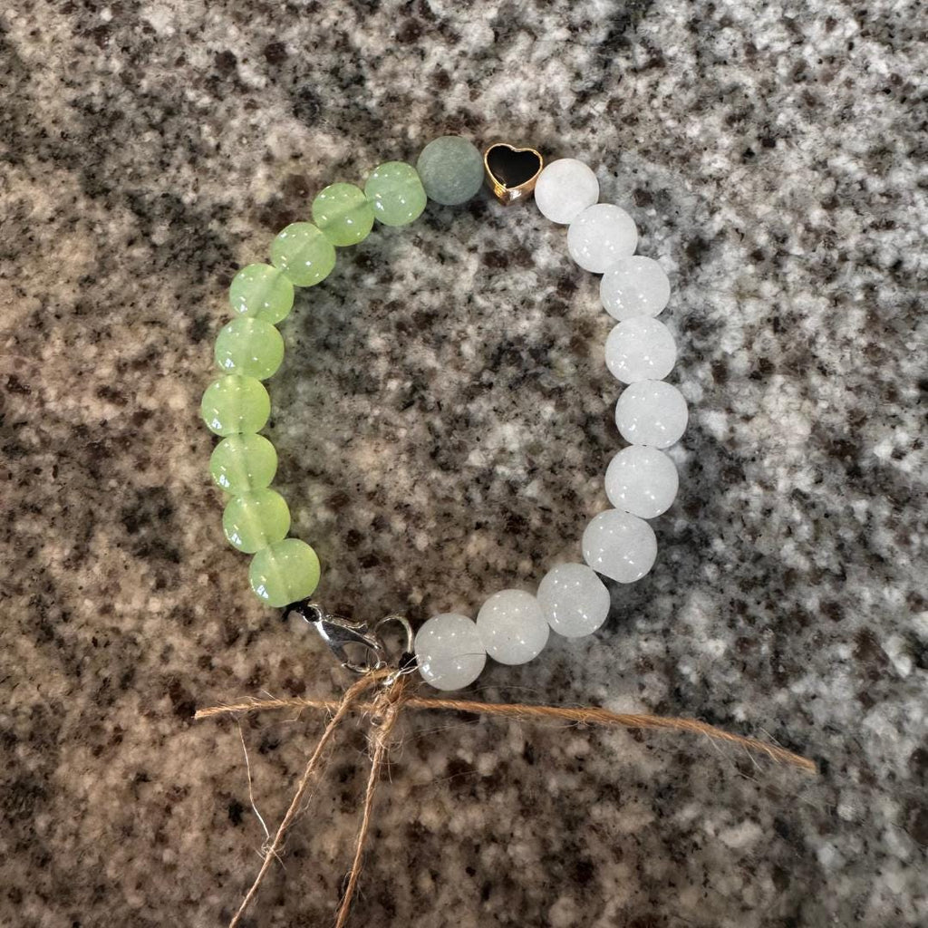 Snow Quartz & Green Aventurine Gemstone Bracelet with Heart Charm