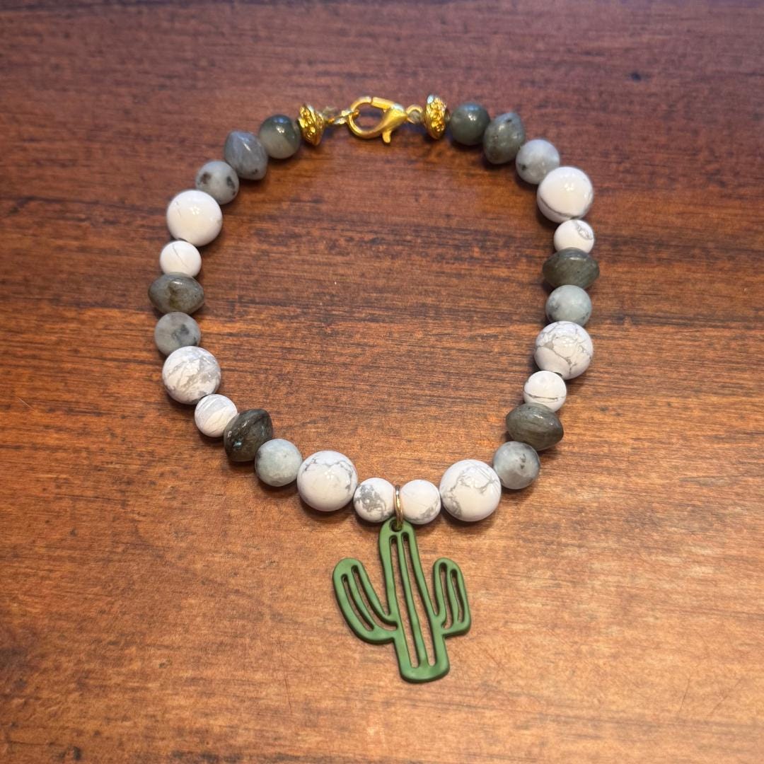 Howlite, Kiwi Jasper, Labradorite & Seaweed Quartz Beaded Gemstone Bracelet with Cactus Charm