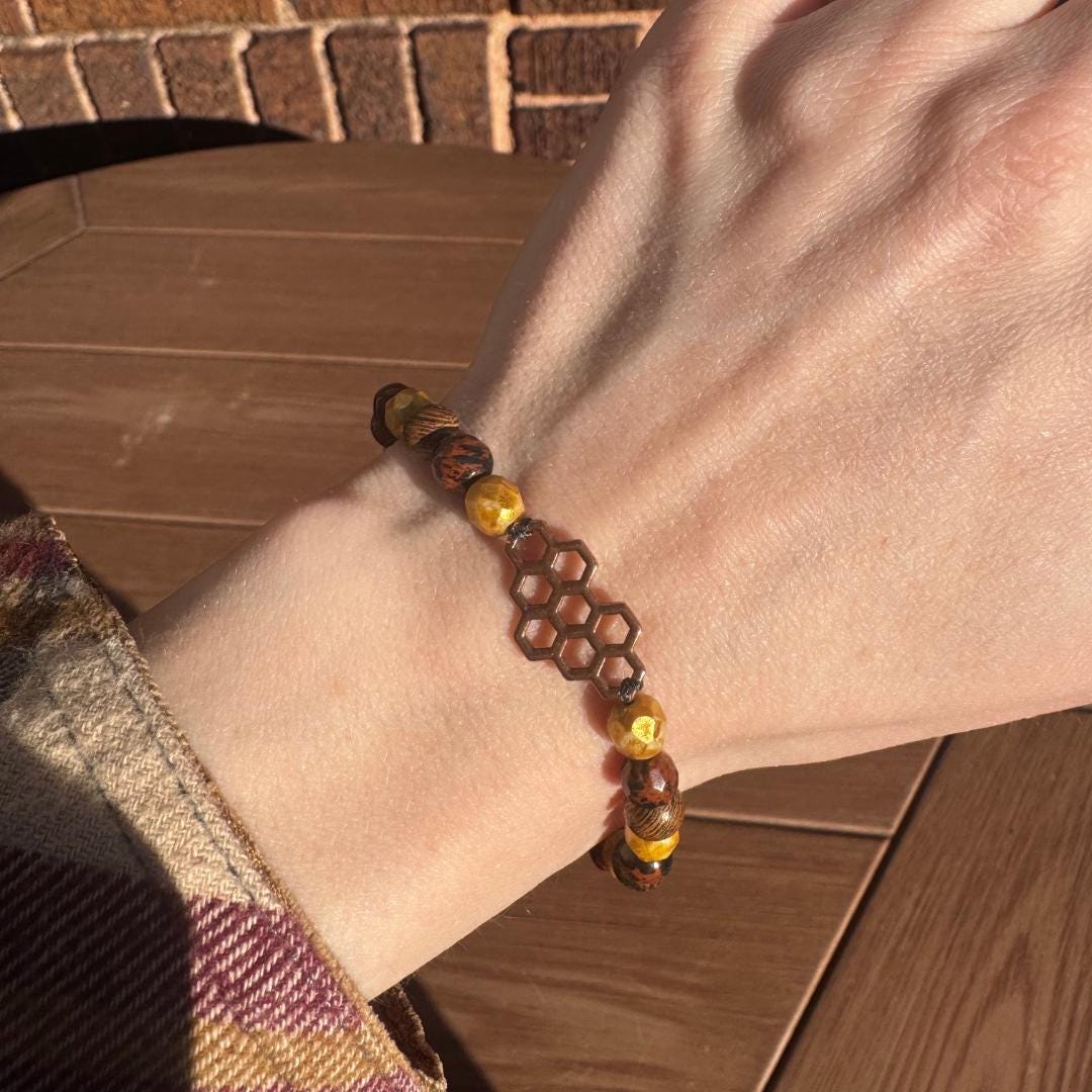 Jasper Beaded Gemstone Bracelet with Honeycomb Charm