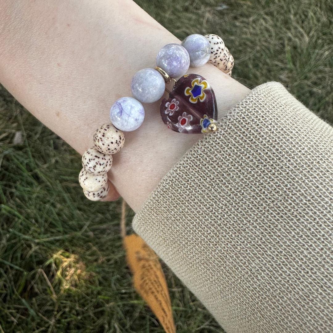 Purple Tiffany Jasper Beaded Gemstone Bracelet w/ Heart Charm