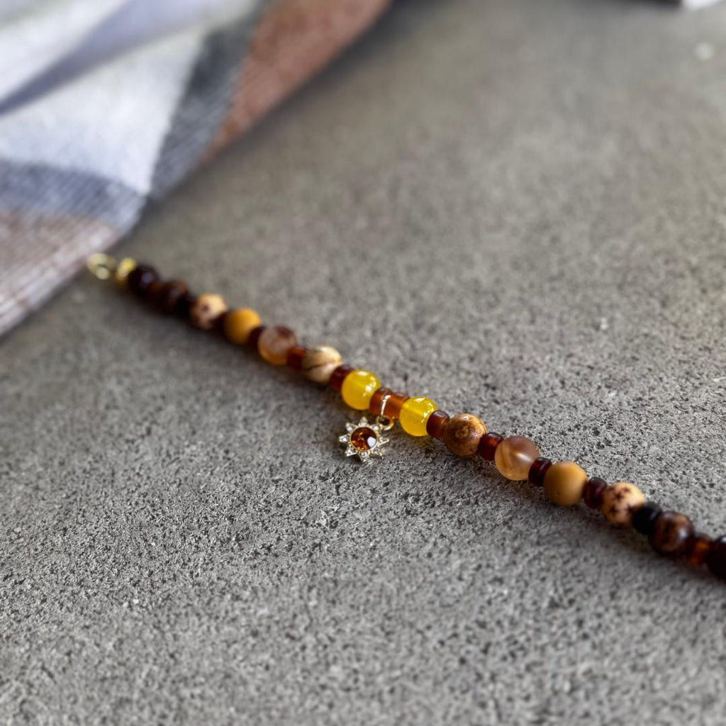 Citrine, Picture Jasper & Australian Mookaite Beaded Gemstone Bracelet with Sun Charm