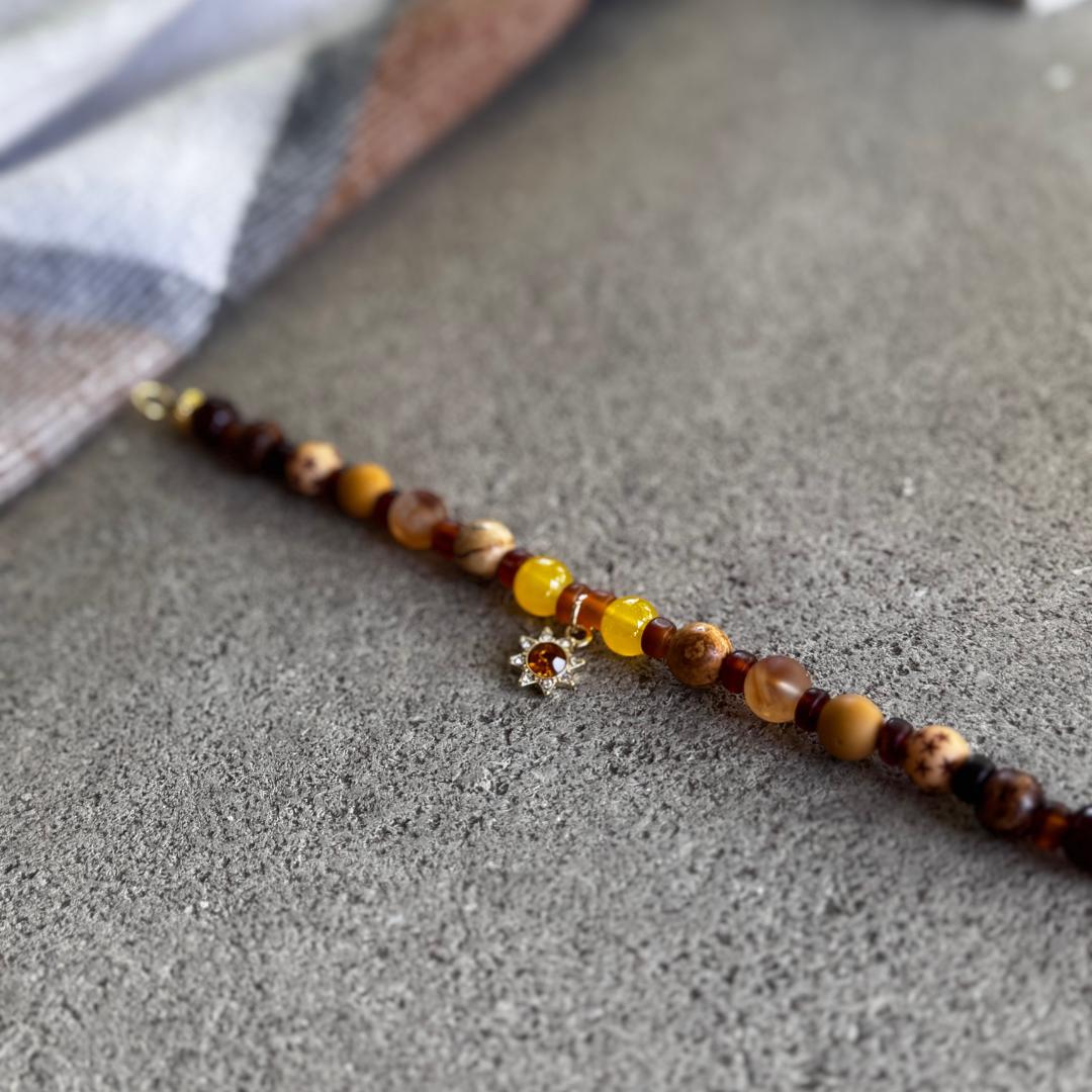Citrine, Picture Jasper & Australian Mookaite Beaded Gemstone Bracelet with Sun Charm
