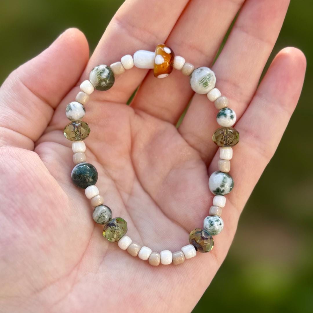 Mushroom Charm Tree Agate Beaded Gemstone Bracelet | 6.75 in.