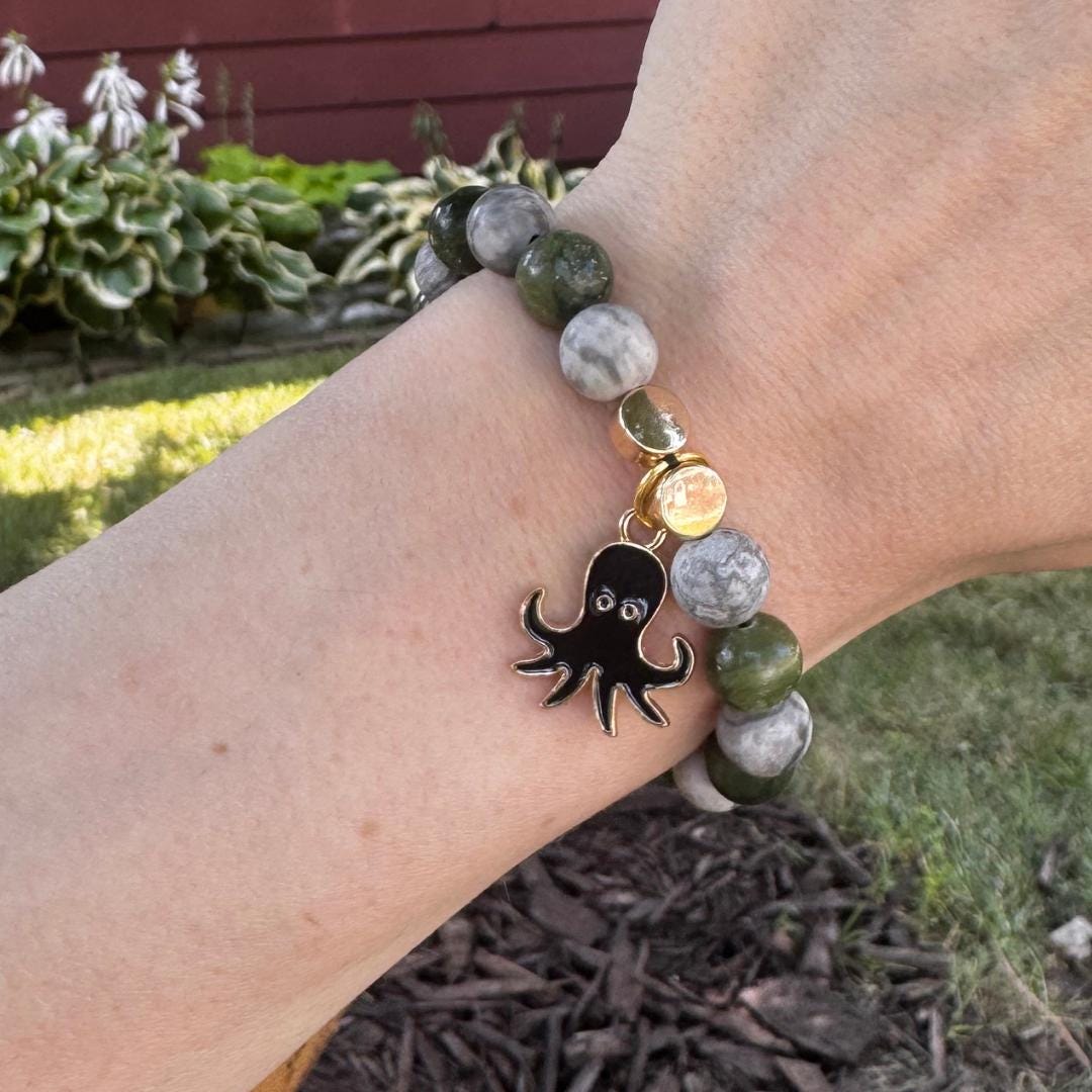 Serpentine & Aventurine Beaded Gemstone Bracelet w/ Squid Charm