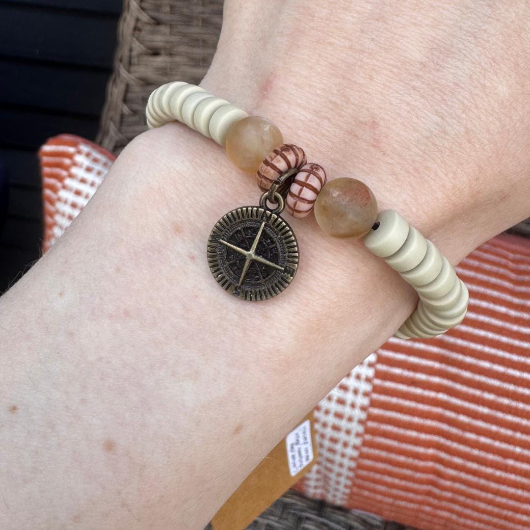 Citrine Gemstone Beaded Bracelet with Compass Charm