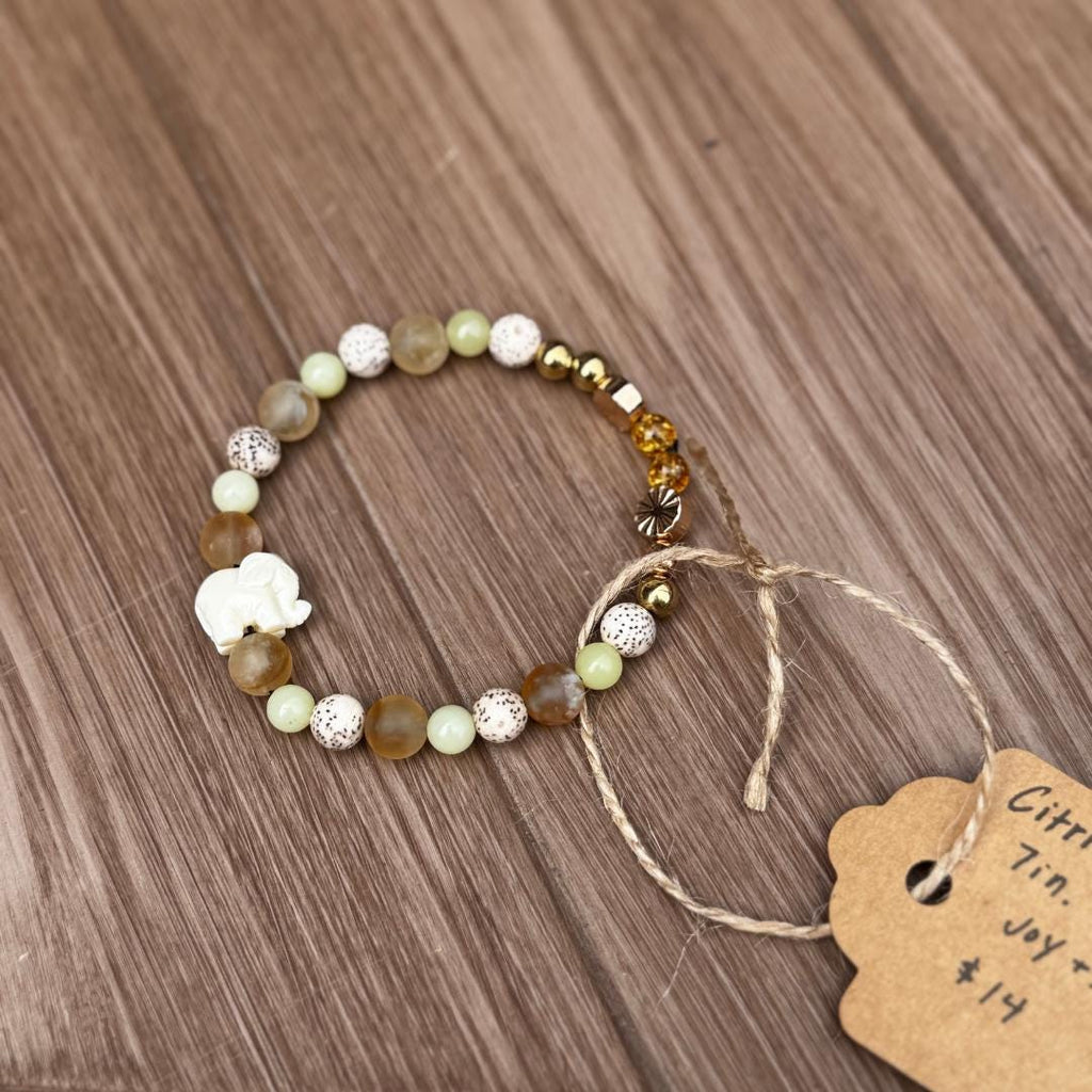 Citrine & Olive Jade Beaded Bracelet with Elephant Charm