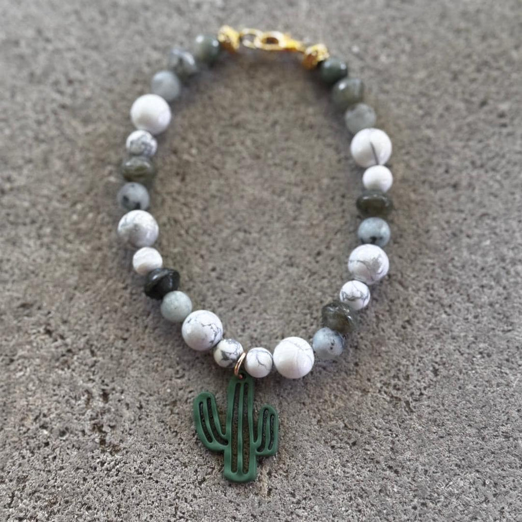 Howlite, Kiwi Jasper, Labradorite & Seaweed Quartz Beaded Gemstone Bracelet with Cactus Charm