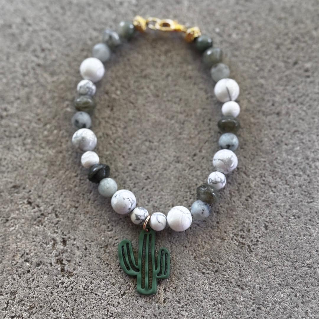 Howlite, Kiwi Jasper, Labradorite & Seaweed Quartz Beaded Gemstone Bracelet with Cactus Charm