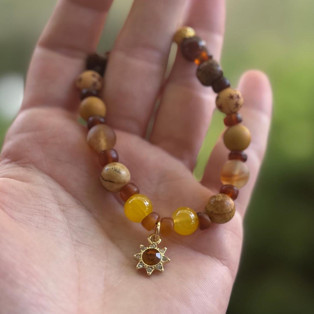 Citrine, Picture Jasper & Australian Mookaite Beaded Gemstone Bracelet with Sun Charm