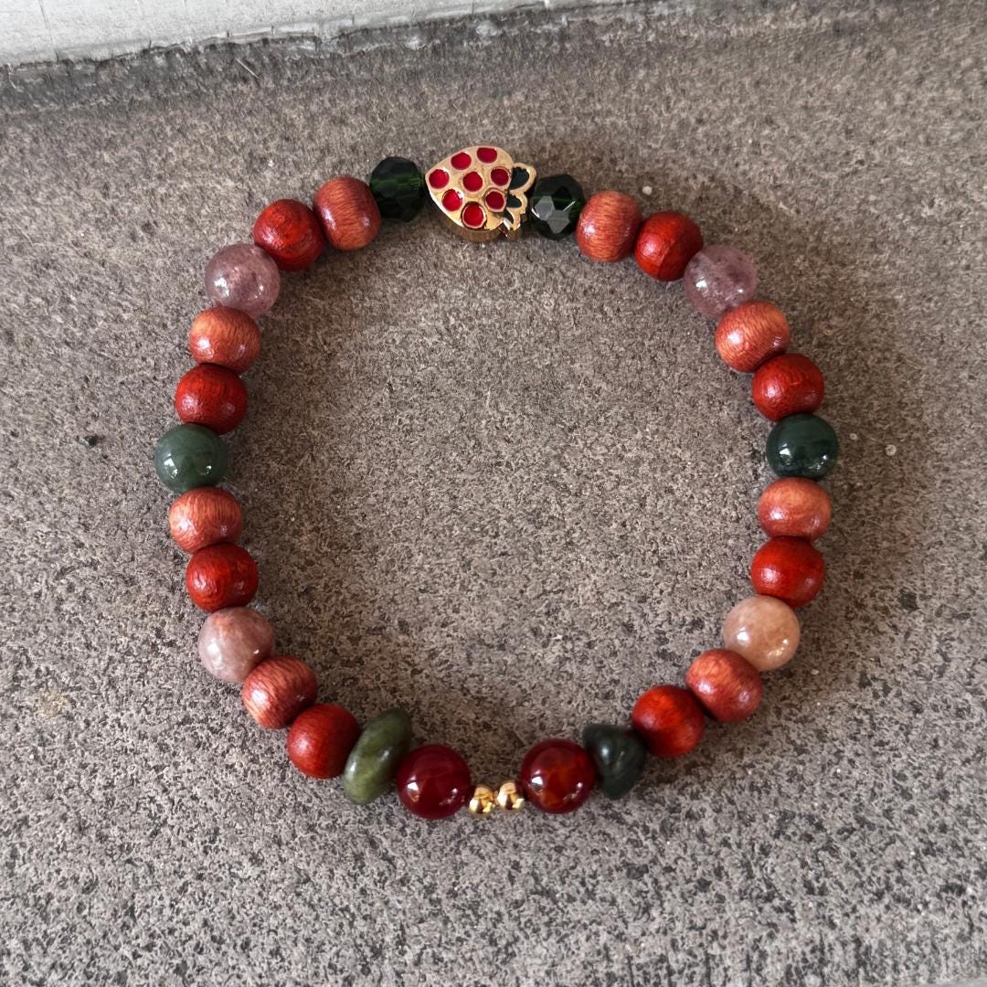 Strawberry Quartz Beaded Gemstone Bracelet w/ Strawberry Charm
