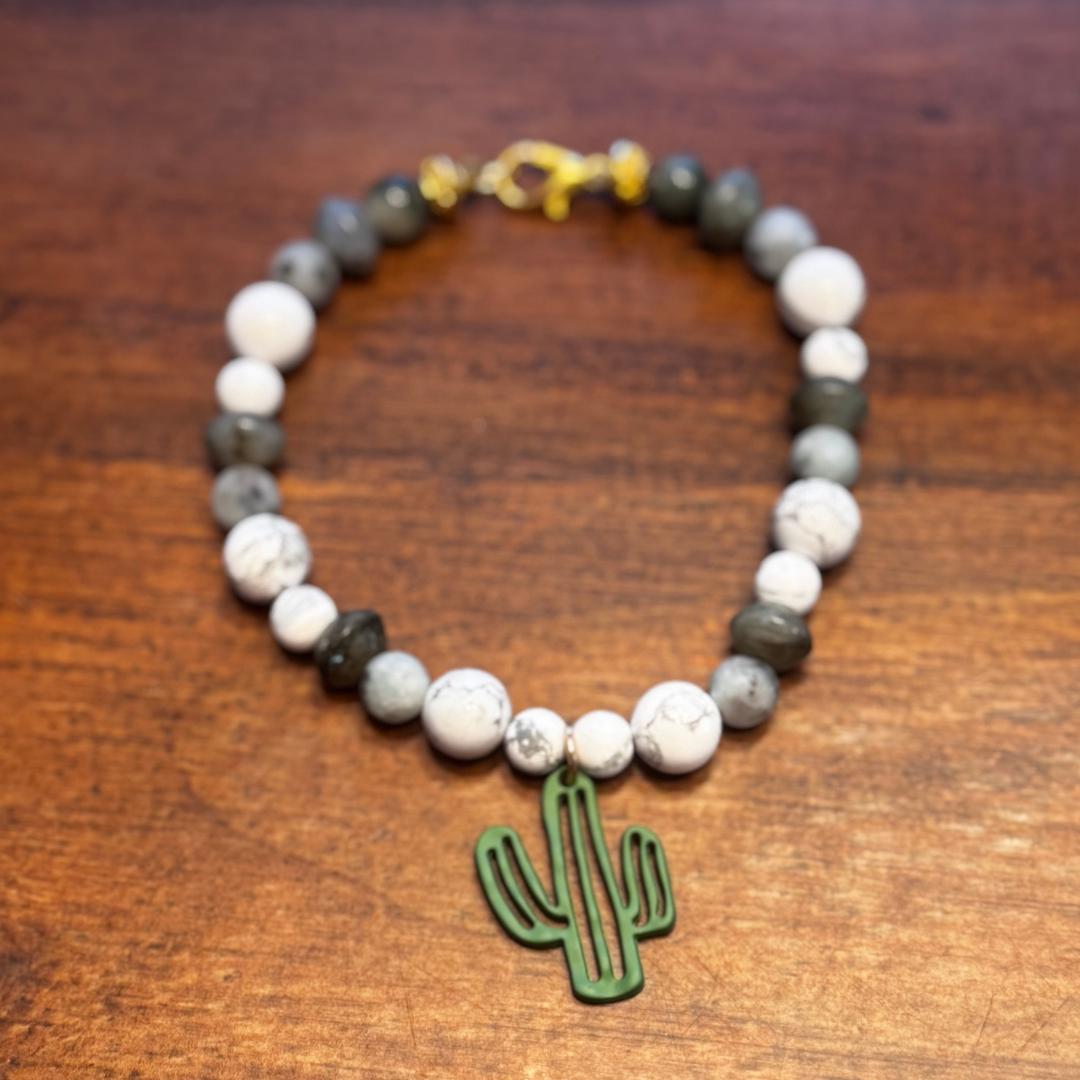 Howlite, Kiwi Jasper, Labradorite & Seaweed Quartz Beaded Gemstone Bracelet with Cactus Charm