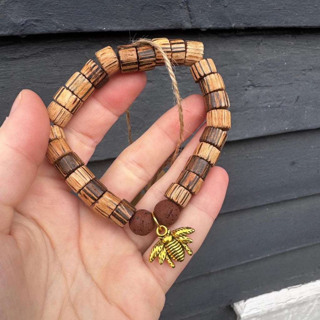 Lava Rock Bee Charm Beaded Gemstone + Patikan Wood Bracelet