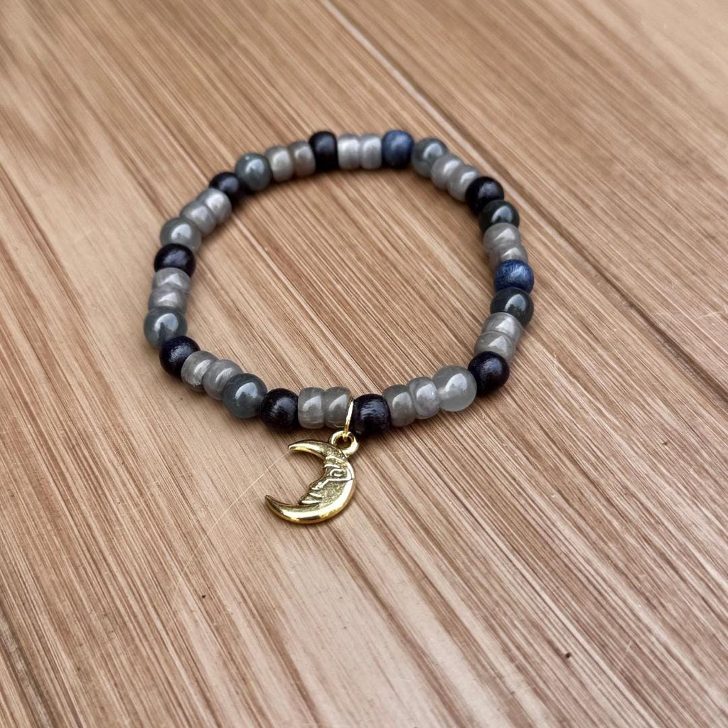 Cloudy Quartz Beaded Gemstone Bracelet with Moon Charm