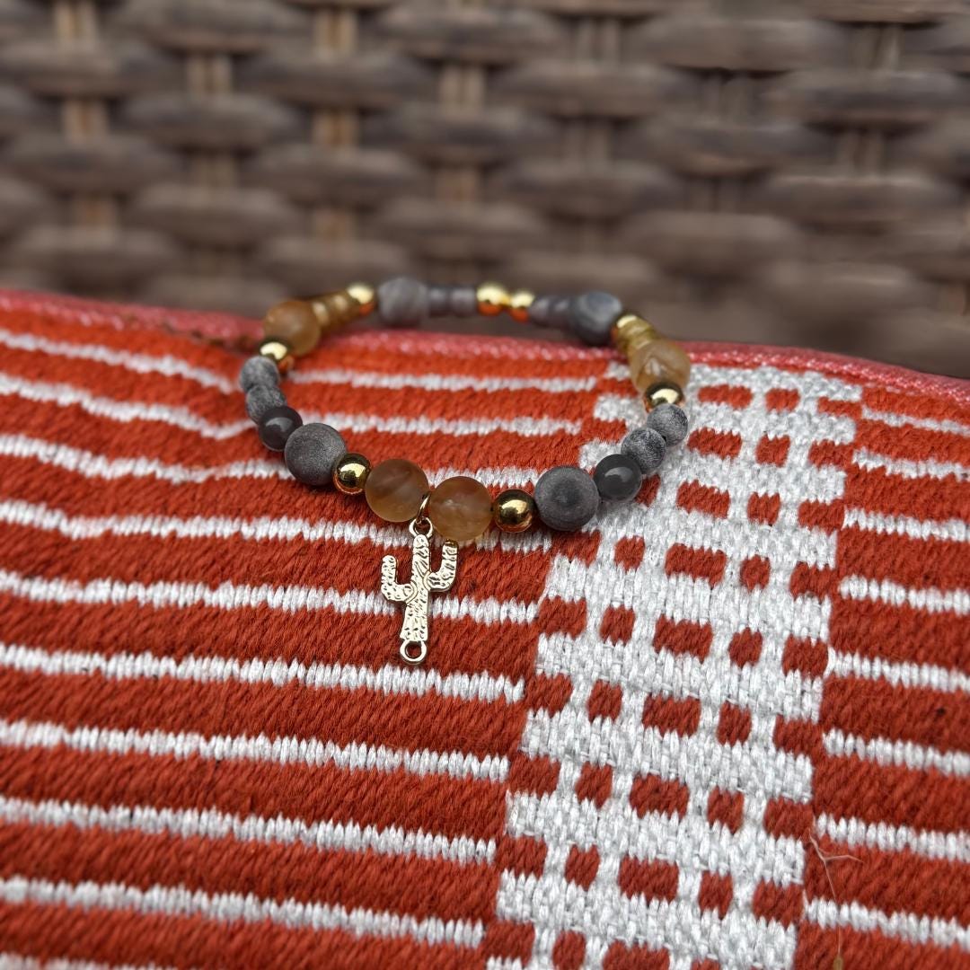 Citrine, Cappuccino Jasper & Cloudy Quartz Beaded Gemstone Bracelet with Cactus Charm