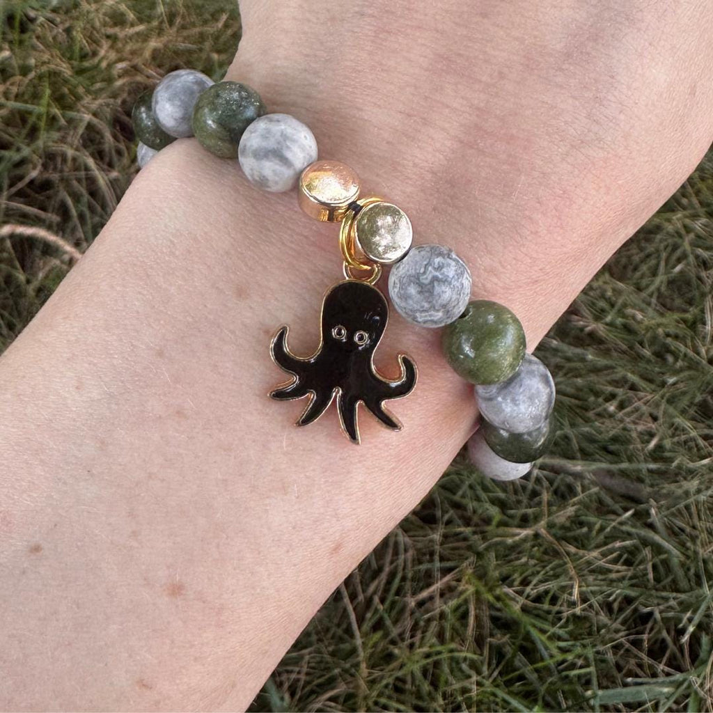 Serpentine & Aventurine Beaded Gemstone Bracelet w/ Squid Charm