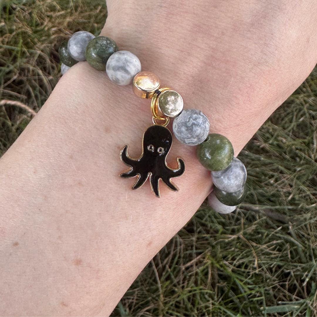 Serpentine & Aventurine Beaded Gemstone Bracelet w/ Squid Charm